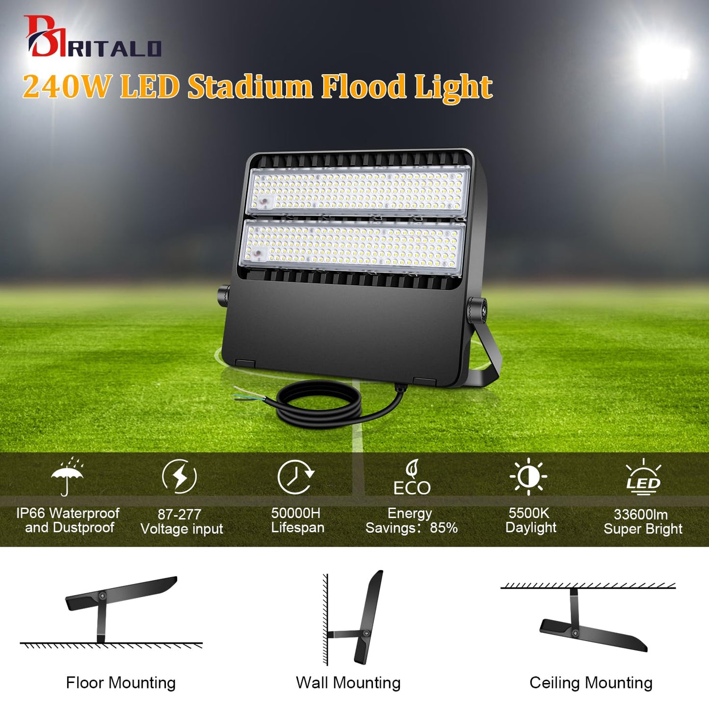 BIRITALO 240W LED Stadium Flood Lights Outdoor 36000LM Super Bright Yoke Wall Mount Parking Lot floodlights 5000K 100V-277V Commercial IP65 Waterproof 240 Watt Shoebox Barn Lamp for Arena Court