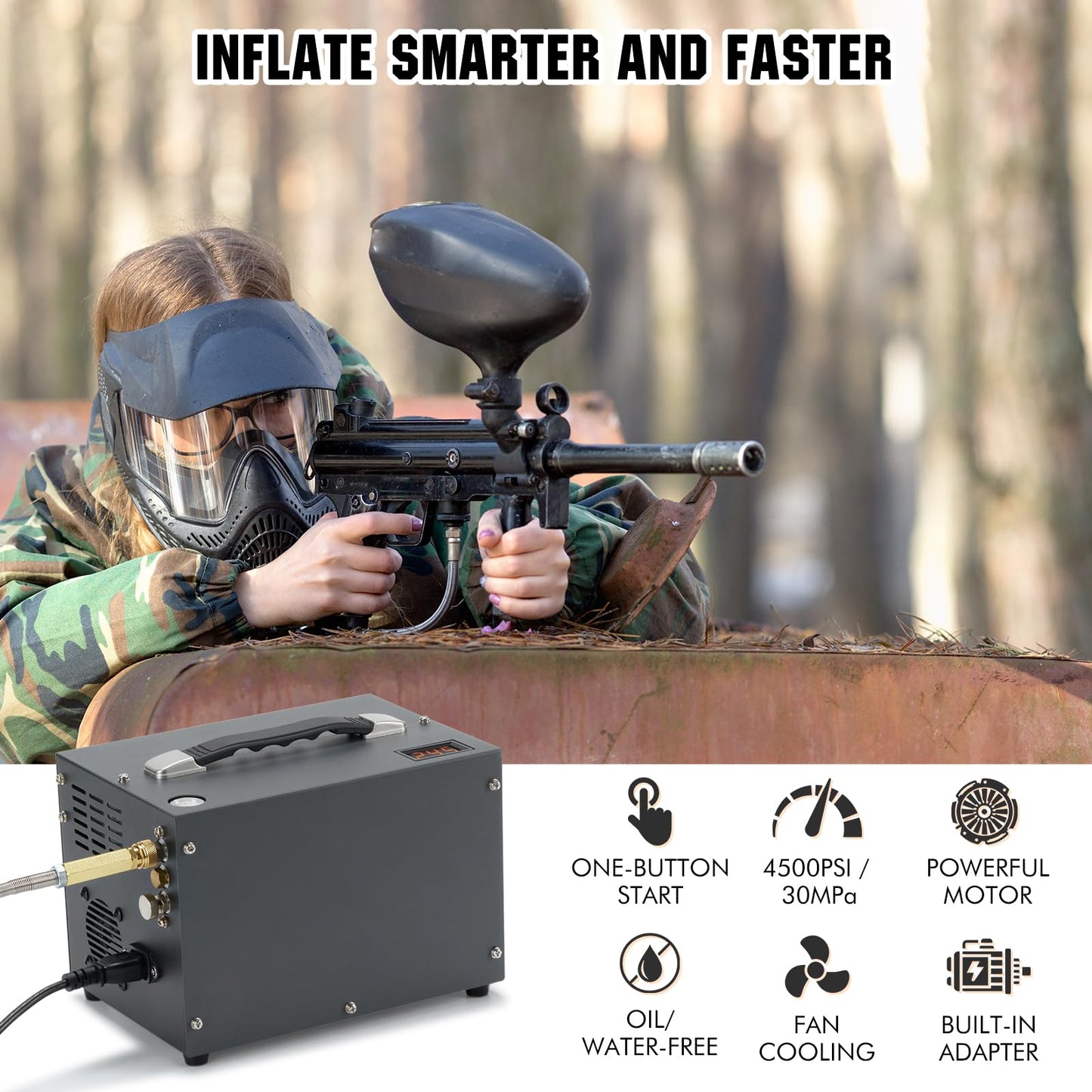 PCP Air Compressor, Airgun Compressor, Portable 4500Psi/30Mpa, Water/Oil-Free, One Button Start, Bursting disc, Built-in Fan, 12V DC 110V AC, Manual-stop, PCP Rifle/Pistol and Paintball Tank Air Pump
