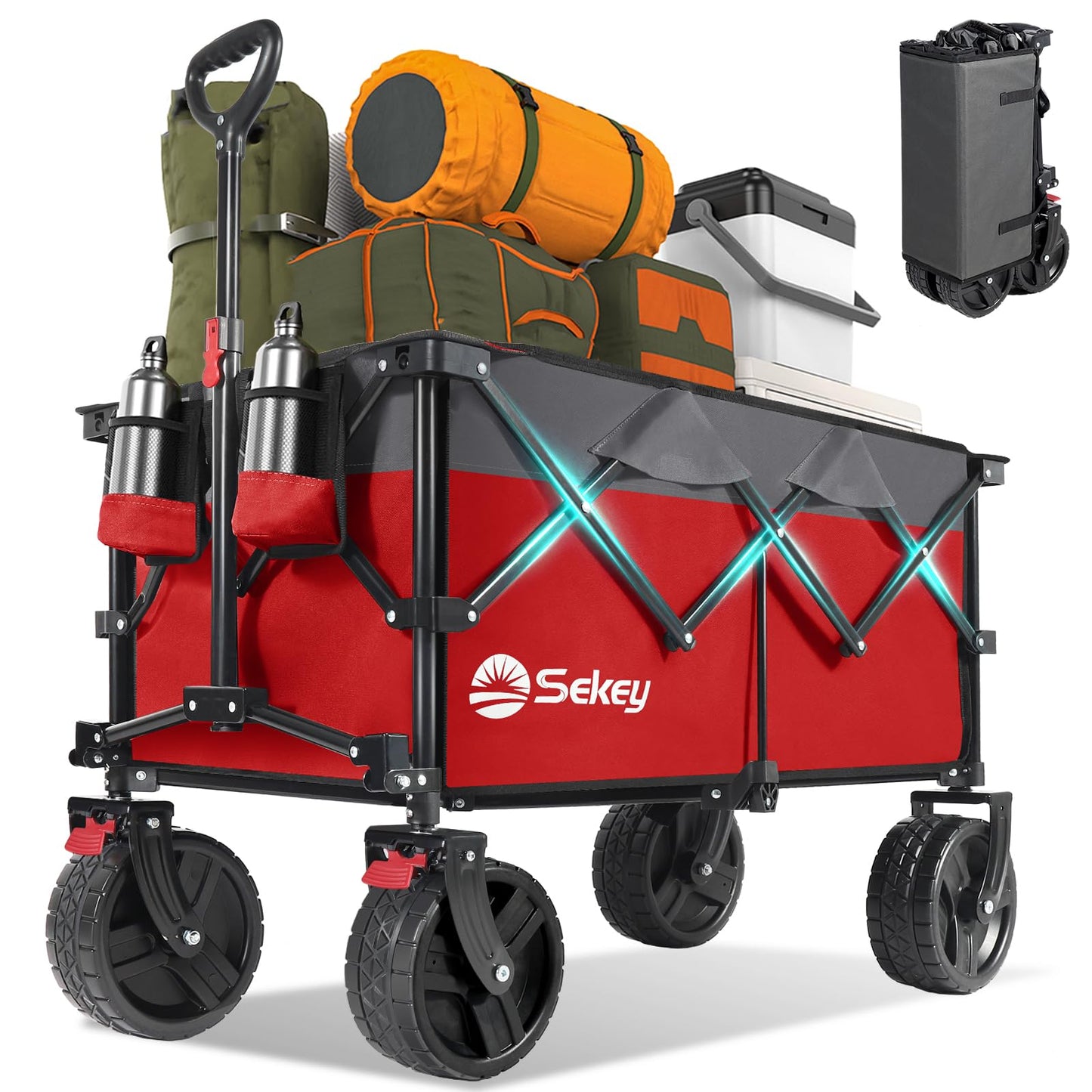 Sekey 220L Wagons Carts Foldable with Big All-Terrian Beach Wheels, Collapsible Heavy DutyWagon with Cup Holders, Extra Large Folding Wagon,Foldable Wagon for Camping, Garden, Sports.Red&Gray
