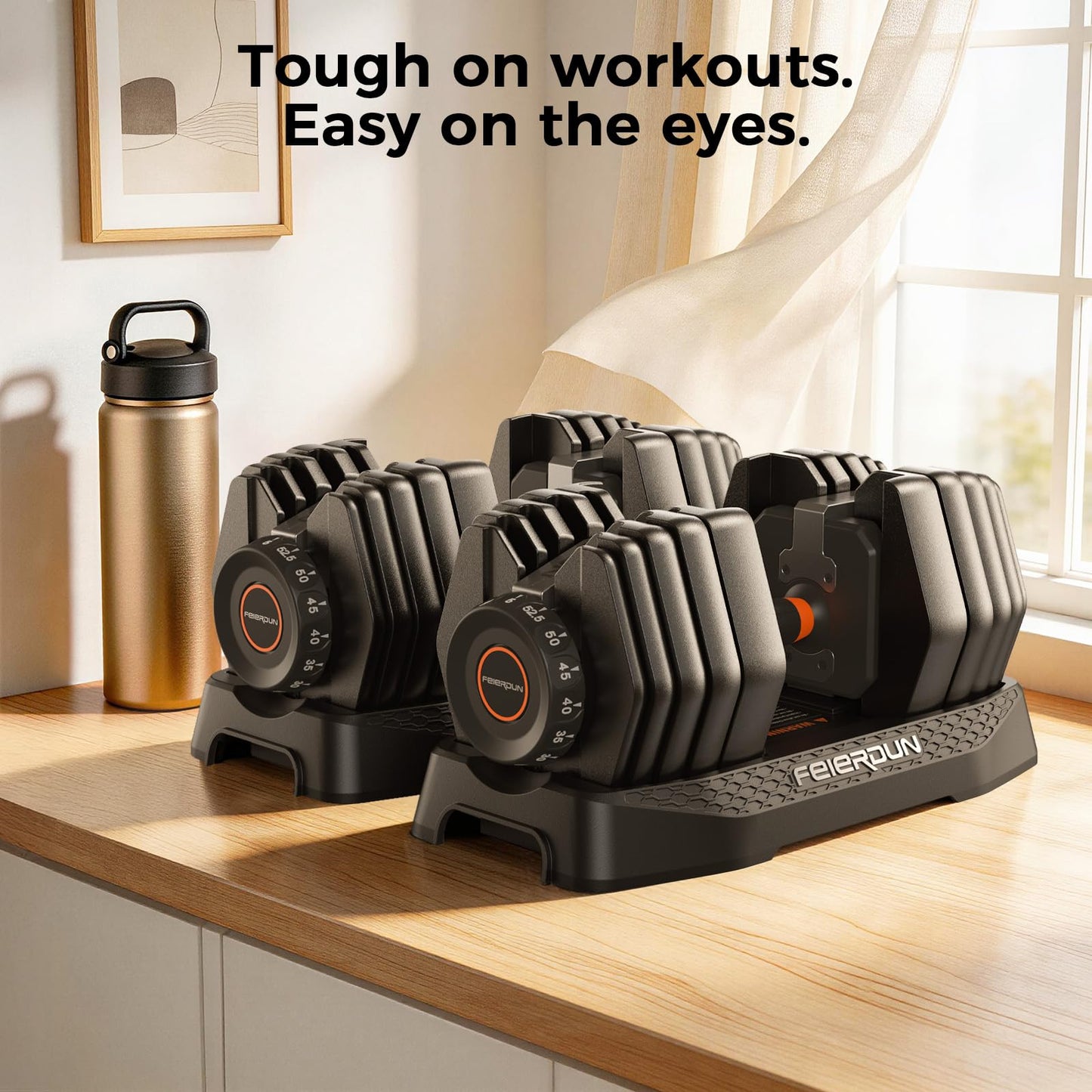 FEIERDUN DB1 QuickDial Adjustable Dumbbell Set, 15-in-1 Adjustable Weights with Storage Box & App, 105lb/52.5lb Quick Change for Drop Set, Superset & HIIT Home Gym, Non-Slip Handles, 3-year Aftersale Service