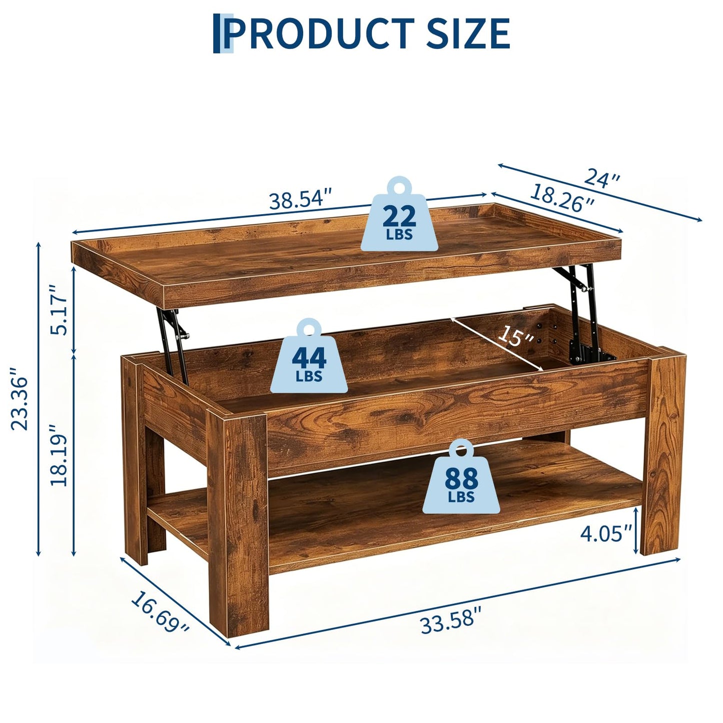 Lift Top Coffee Table with Hidden Storage, Modern Rising Tabletop Desk for Small Spaces, Wood Center Table with Large Compartment and Shelf for Living Room Apartment Dorm