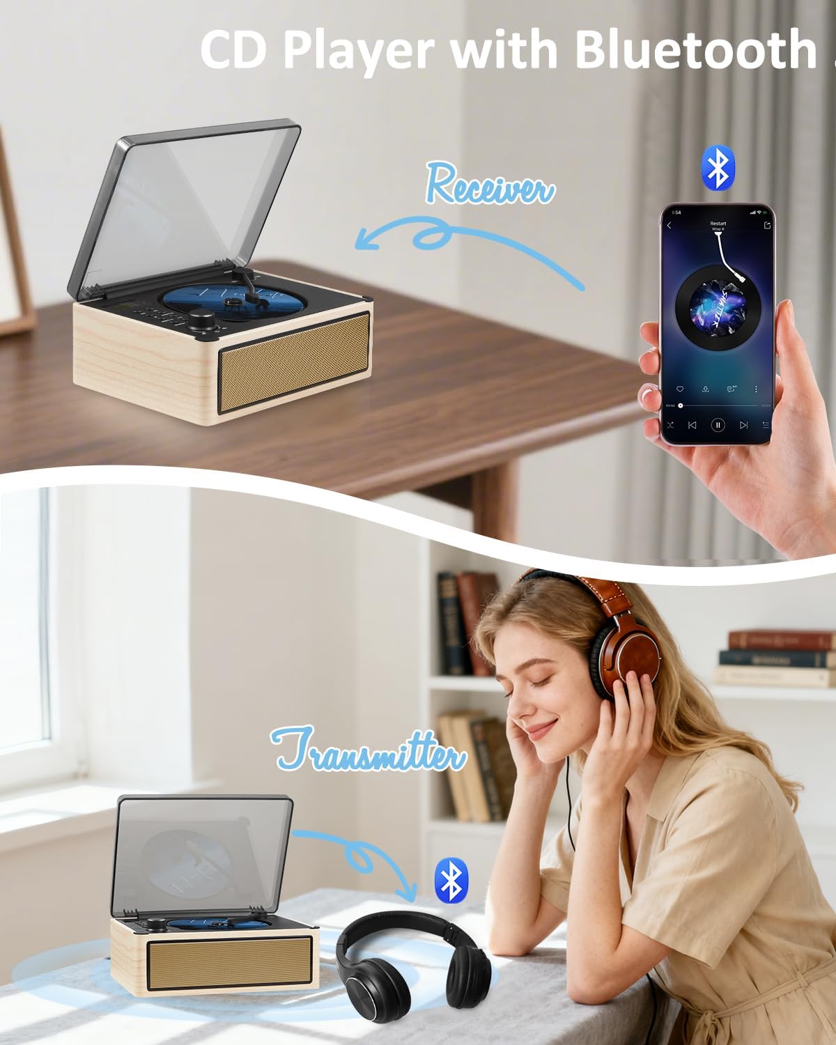 Gelielim Retro CD Player Boombox, Desktop CD Player with Bluetooth in/Out, Rechargeable Battery, HiFi Speakers, Wooden