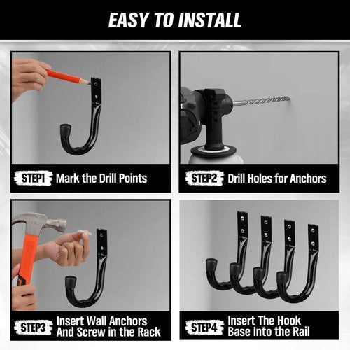 Heavy Duty Garage Storage Hooks - 6-Piece Bike Wall Mount J Hooks for Organizing Tools & Cords