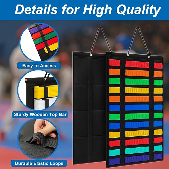 Karate Belt Display Rack 12 Belts Holder, High-Density Felt Fabric Taekwondo Belt Display with Reinforced Elastic LoopsTaekwondo, Martial Arts Belt Display Wall Mount Felt Foldable