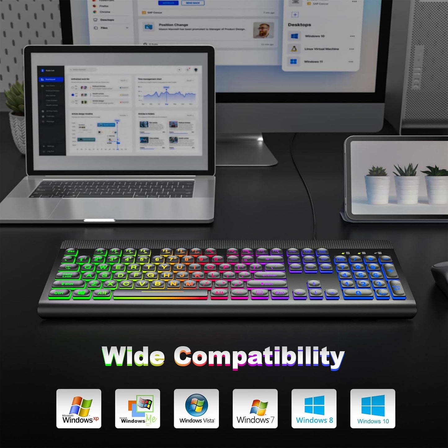 Atelus Large Print Backlit Keyboard, USB Wired Computer Keyboard, Full Size Keyboard with Rainbow Illuminated LED