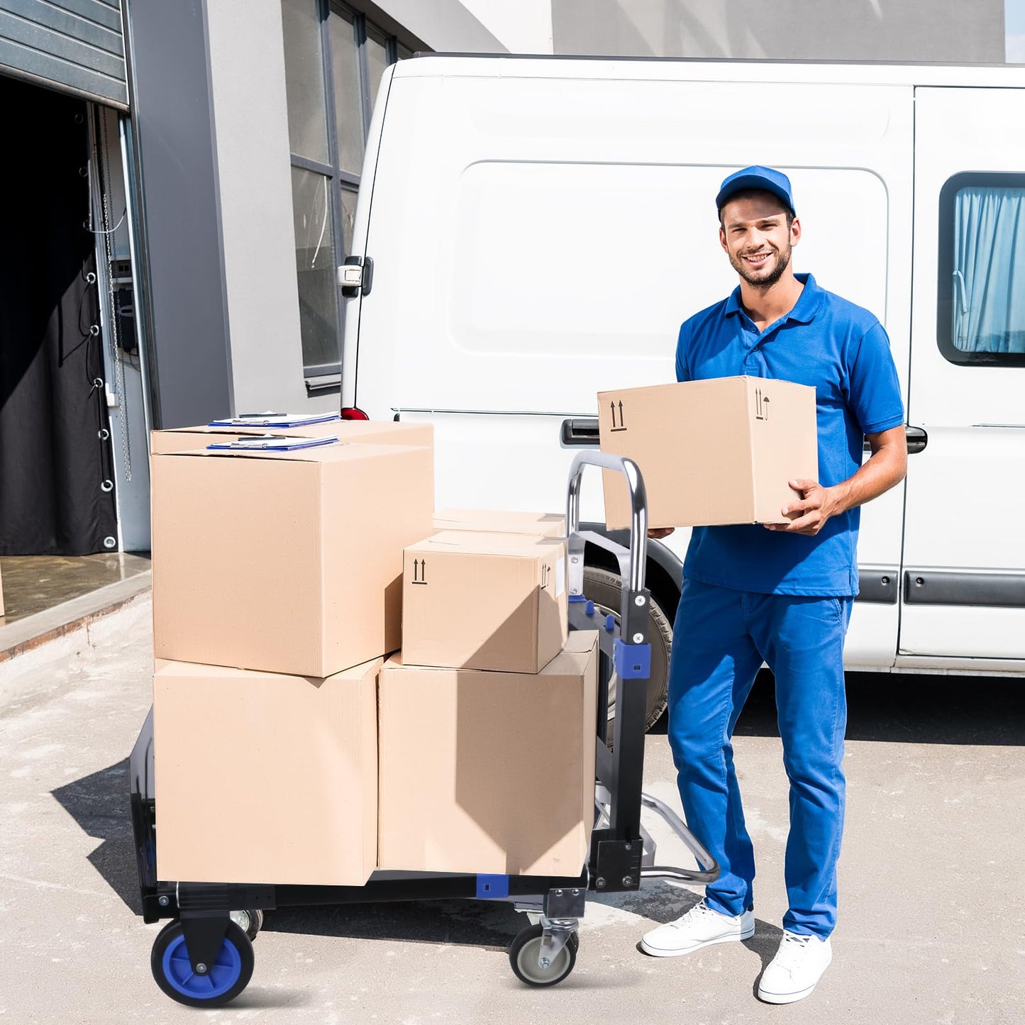 Upgraded 3 in 1 Folding Hand Truck, 600lbs Capacity, Heavy Duty Convertible Dolly with Retractable Handle and 4 Rubber Wheels, Collapsible Cart for Moving Home, Office, Warehouse (Blue)