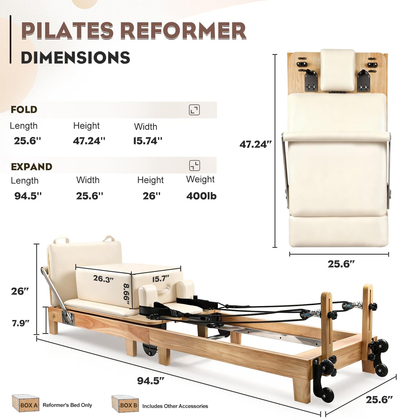 94.5"Pilates Reformer, Wooden Foldable Reformer Pilates Machine with 5 Springs, Quick-Assembly Studio Grade Pilates Reformer Machine, Pilates equipment with Sitting Box, Jump Board for Home Use&Studio