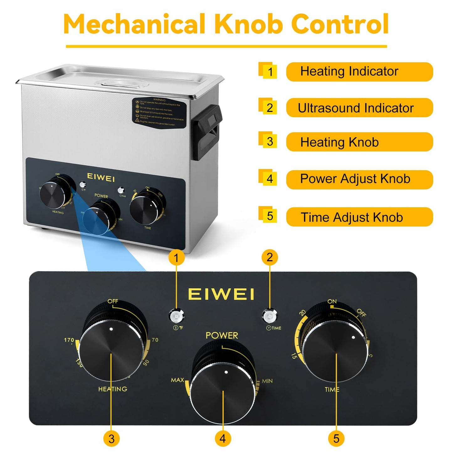 EIWEI 3L Ultrasonic Cleaner Professional Power-Adjustable Knob Jewelry Cleaning Machine with Heater Timer for Carburetor, Jewelry, Glasses, Dentures, Circuit Boards, Automotive Parts