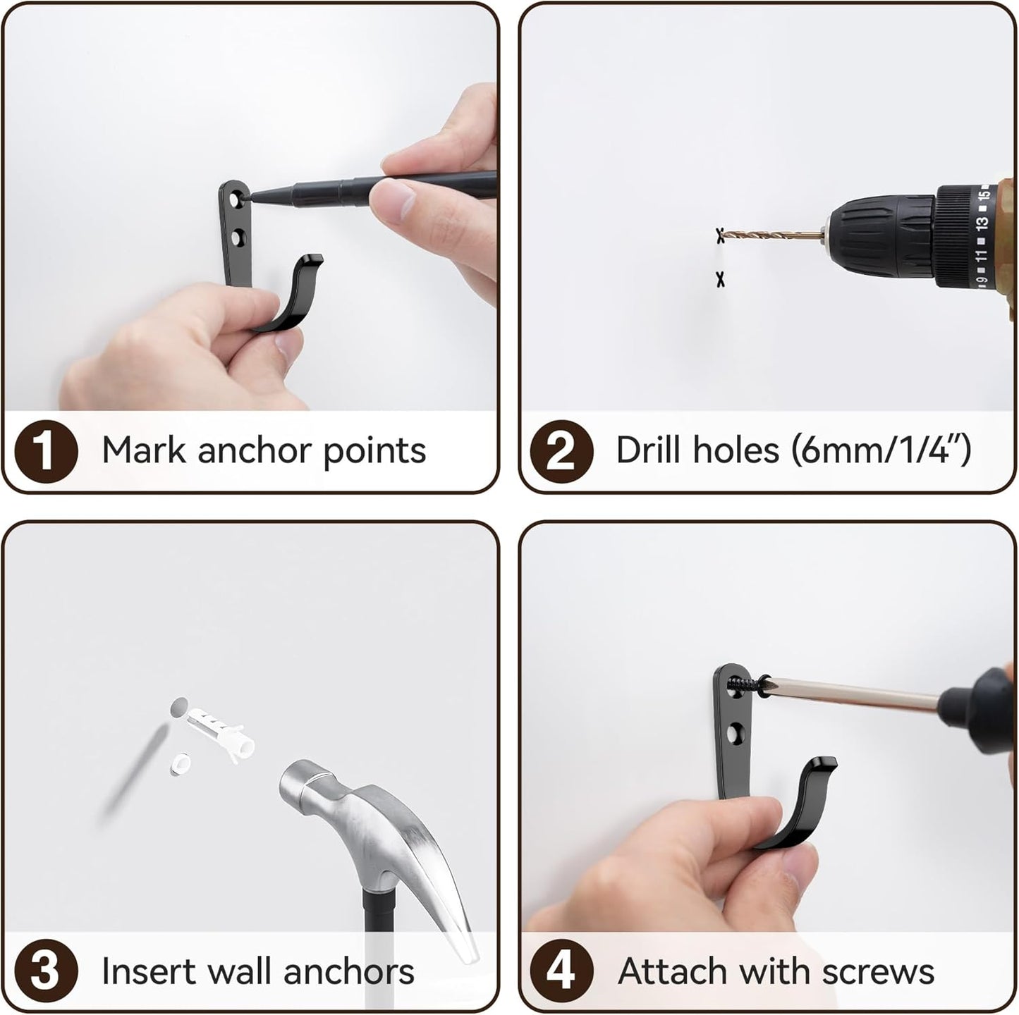 Niffgaff 10Pcs Wall Hooks - Durable Black Hooks for Hanging Towels and Coats