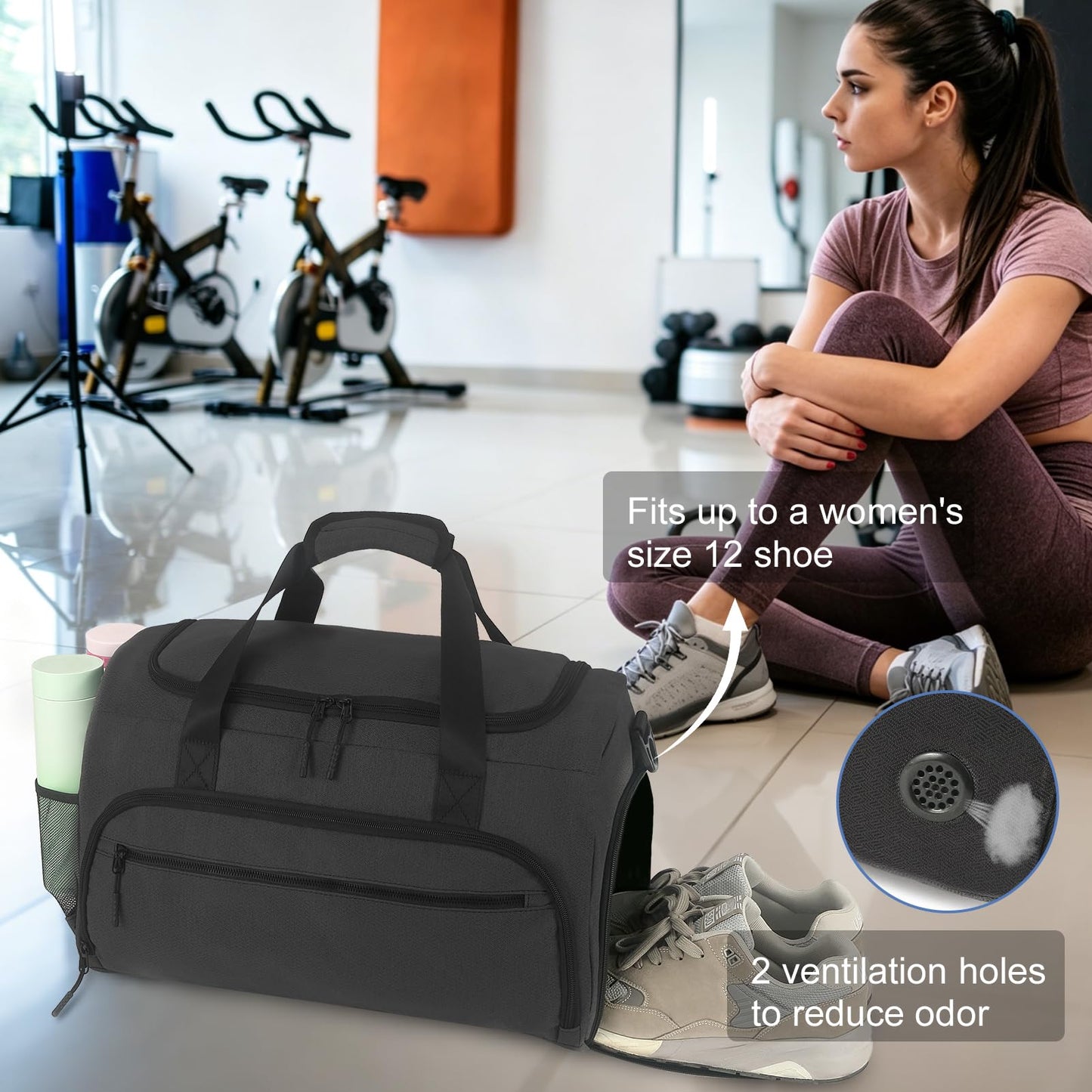 Gym Bag for Men Women, Sports Duffle Bags with Wet Pocket & Shoes Compartment, Water Resistant Overnight Duffel Bag - Light Black