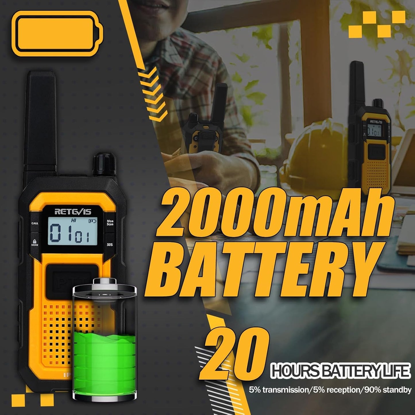 Retevis RB48 2 Way Radio Long Range, IP67 Waterproof Walkie Talkies Adults, Drop-Proof, 2000mAh, Emergency, Heavy Duty Two Way Radios, for Job Site Construction Warehouse(6 Pack)
