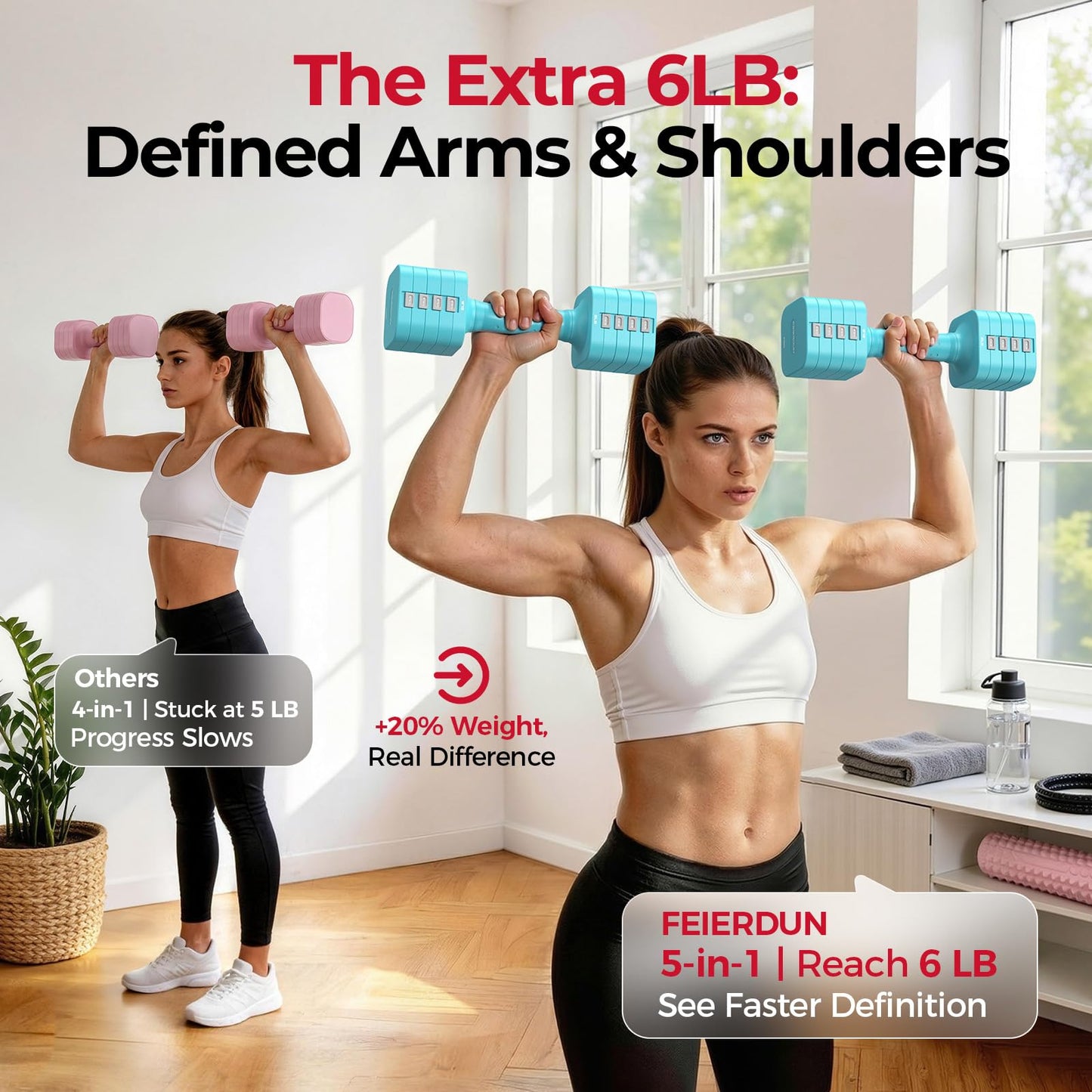 FEIERDUN 5-in-1 Adjustable Dumbbell Set of 2, 12LBS/20LBS Hand Weights for Women, 1s-Adjust Dual-Stable Dumbbell Set for Women Home Gym & Outdoor