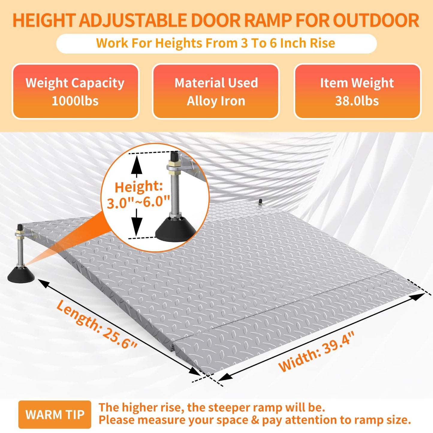 YEEZOO Door Threshold ramp with Adjustable Height for 3.0“ to 6.0" Height Rise, Doorway ramp Threshold for wheelchairs/carts/Walker/Scooter (25.6L*39.4" W, Alloy Iron, 38LBs)