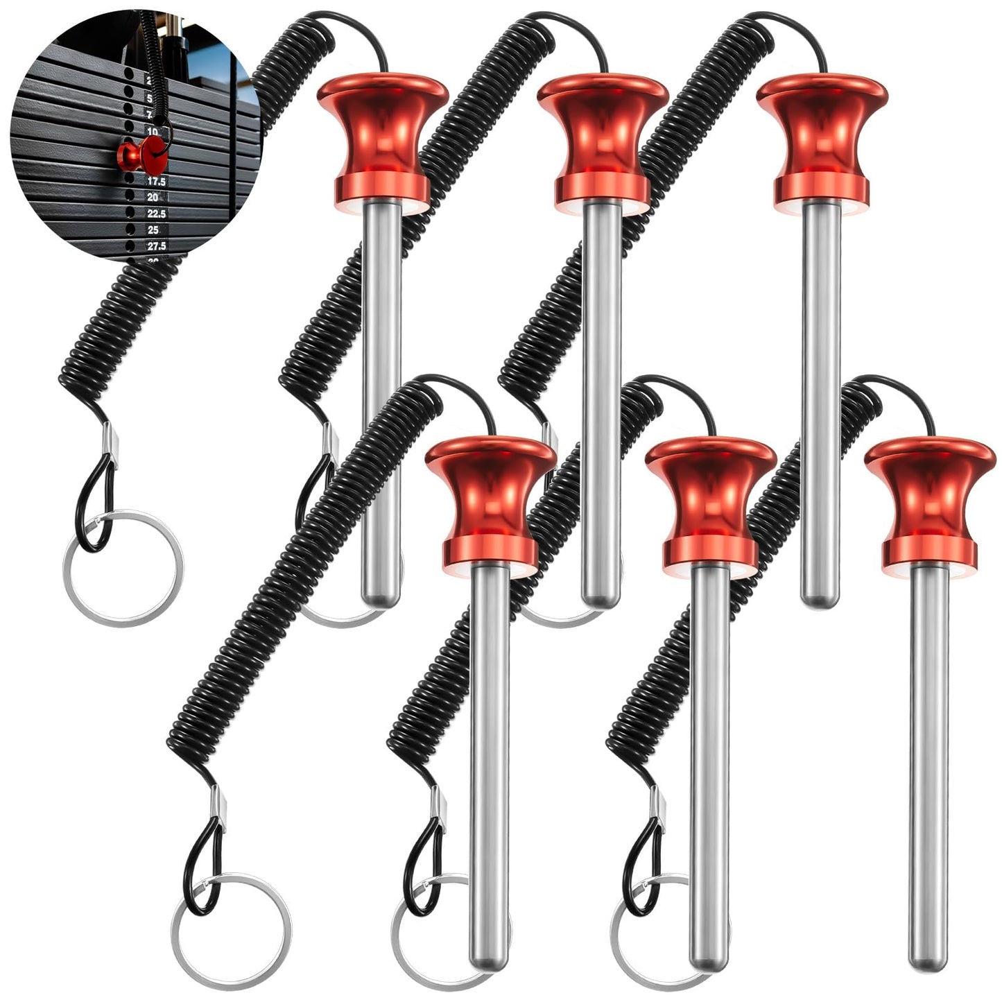 Lasnten 6 Pcs Weight Stack Pin Magnetic Universal Gym Weight Pin 0.4 inch Drop Set with Pull Rope for Plate Apertures Above 10.5 mm Heavy Duty (Red)