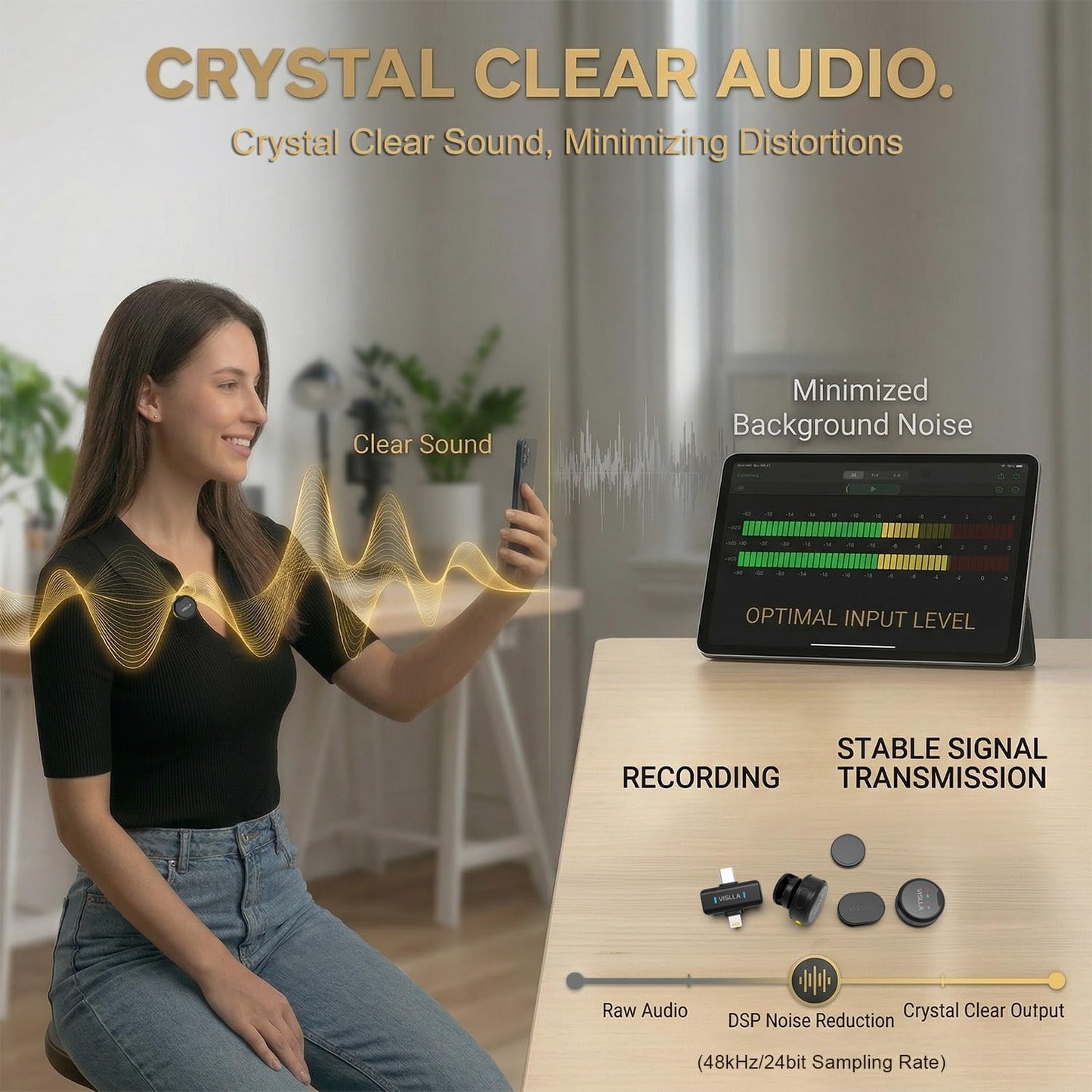 Vislla Mini Microphone for iPhone & Android, Furry Windscreen, Noise Cancelling Wireless Lavalier Microphone,Clip On