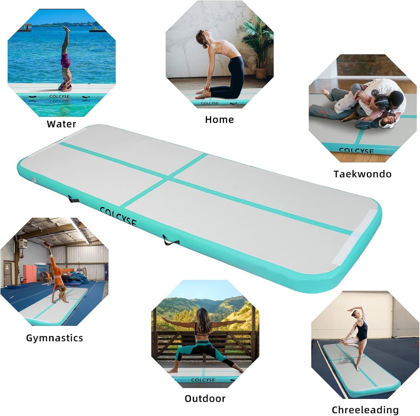 Agilepeak Inflatable Gymnastics Tumbling Mat, 4/8 Inch Thick 10/13/16/20/23FT Training Mat with Electric Air Pump, Non-Slip Waterproof PVC for Home Gym Outdoor Cheerleading Yoga Taekwondo (Mint Green, 10ft*3.3ft*4in(3*1*0.1M))
