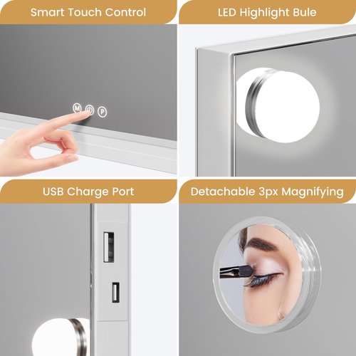 GAOMON Vanity Mirror with Lights, Lighted Mirror with 15 Dimmable LED Bulbs, Makeup Mirror with 3X Magnification, 3 Colors Modes,Touch Control, Metal Frame,White