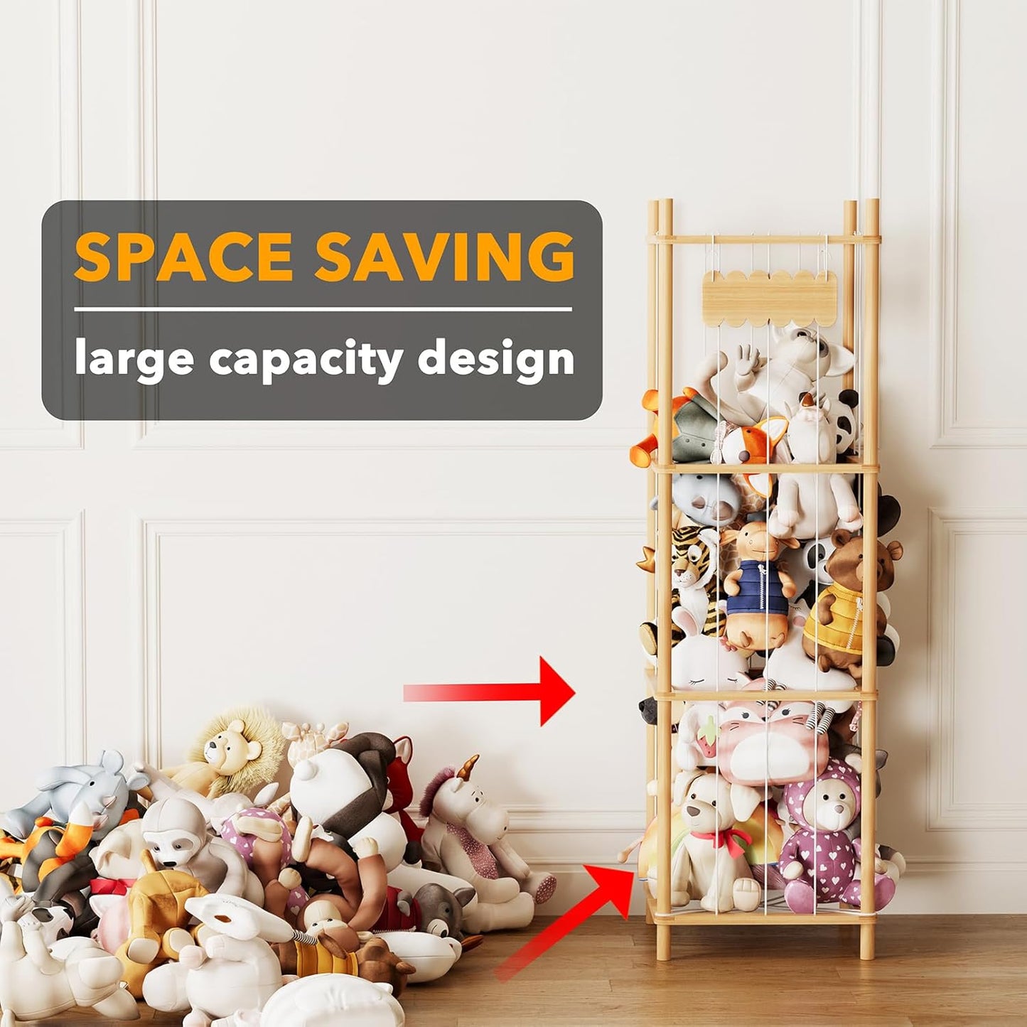 SpaceAid Stuffed Animal Storage Organizer - Large Capacity Plush Toy Holder for Playroom, 15.8" Wide, Natural