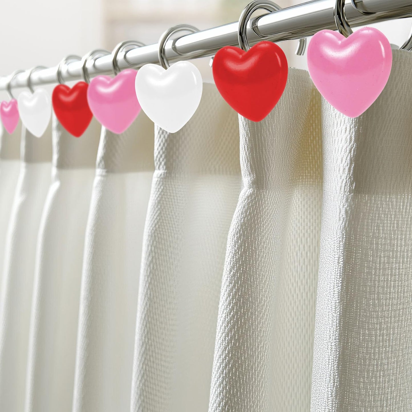Whaline 12Pcs Valentine's Day Shower Curtain Hooks Decorative Heart Resin Shower Rod Rings Heart-Shaped Anti Rust Curtain Hanger Hooks for Living Room Bedroom Bathroom Decor