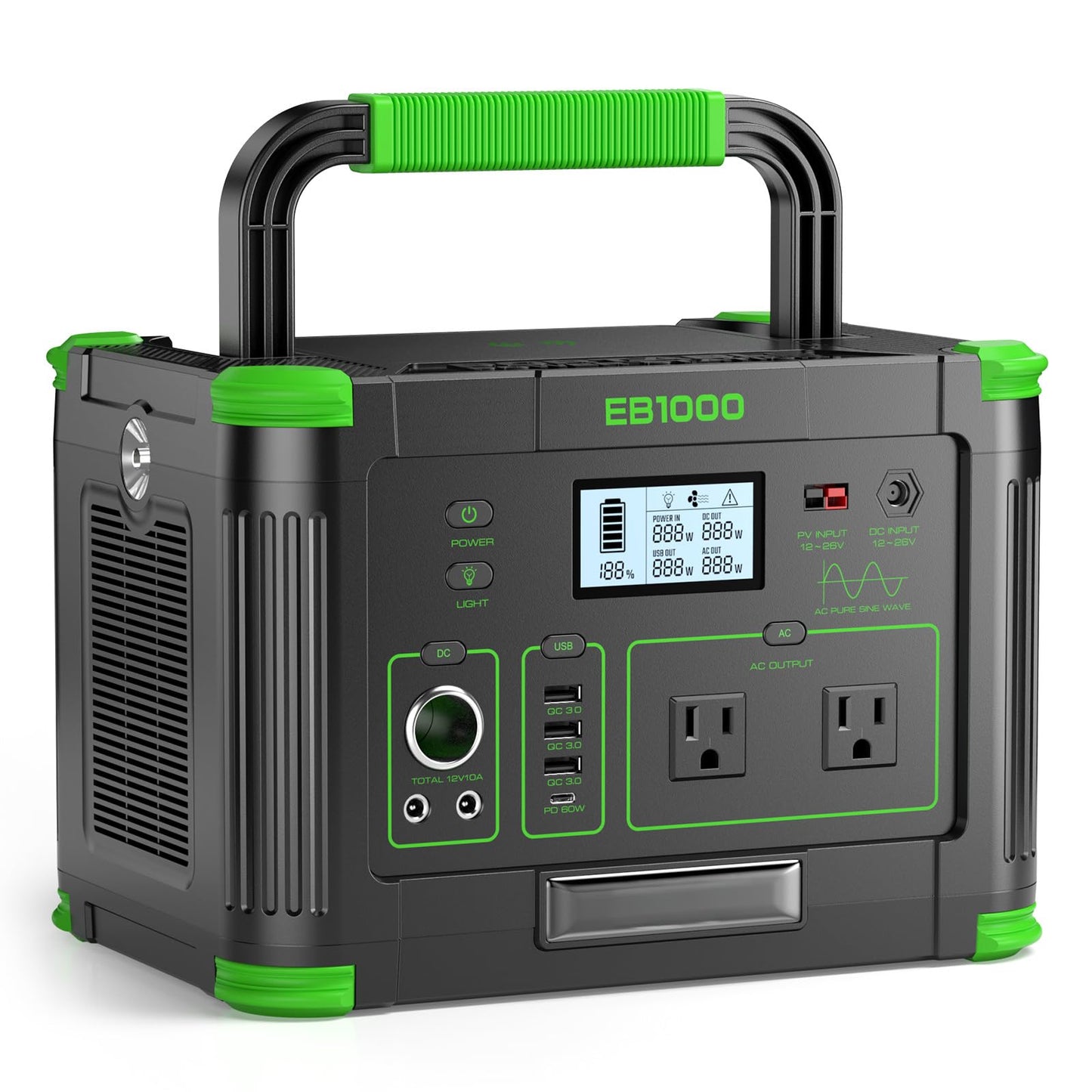 Portable Power Station 1000W, 999Wh Solar Generator, 110V Pure Sine Wave AC Outlets, 60W USB-C PD Fast Charging, 10 Ports for Outdoor Camping RV Van Home Backup Emergency Off-Grid Living（2000W Peak）