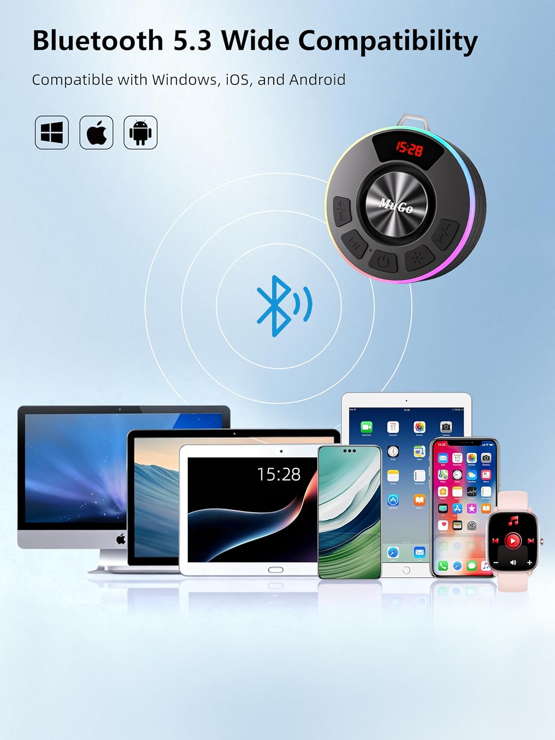 MuGo IPX7, 360 5.3 Shower Bluetooth Speaker Waterproof HD Stereo Sound Bathroom Speaker Bluetooth with RGB Lights