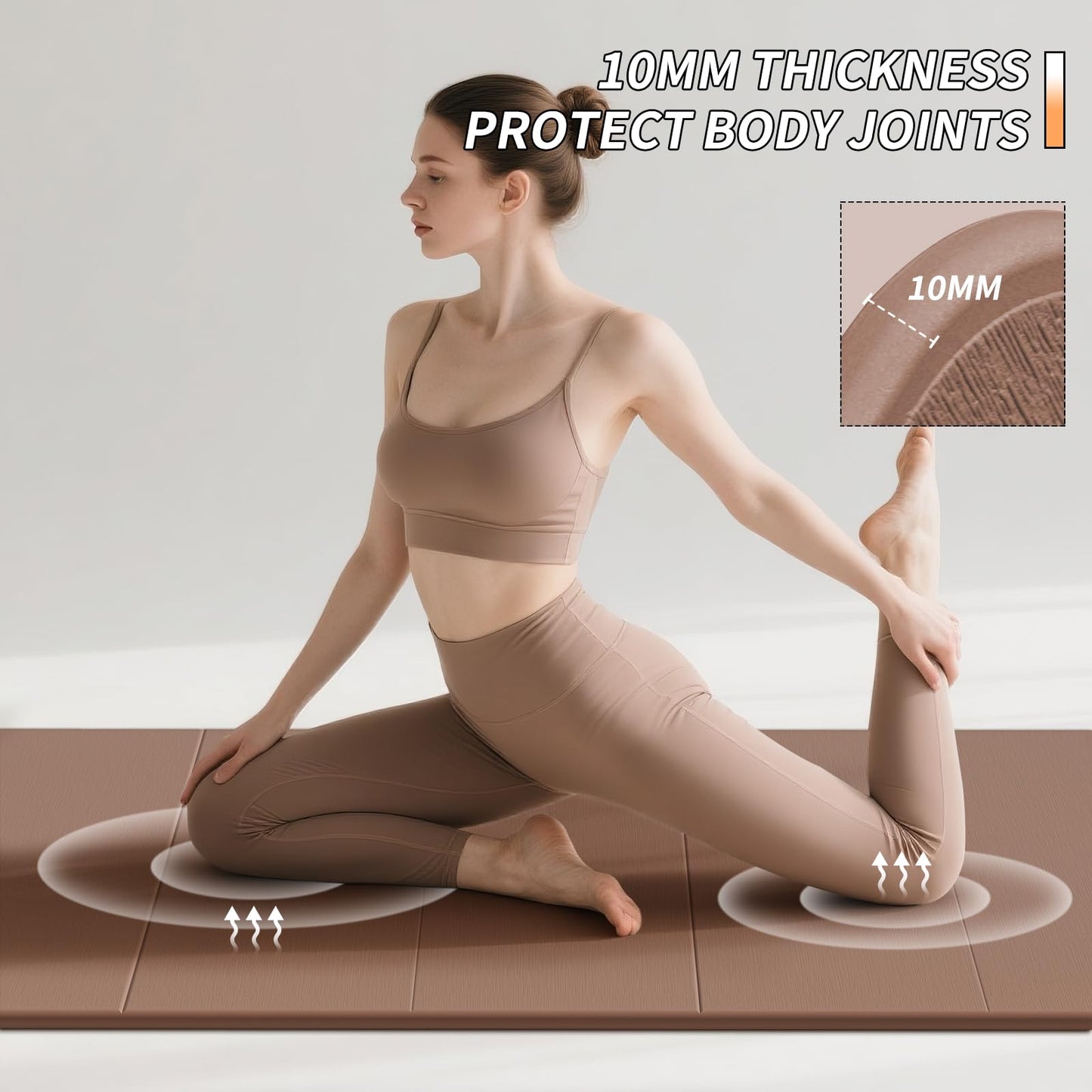 PAIDU Foldable Fitness Yoga Mat | 2/5" (10MM) Extra Thick | SGS Certified Non-Slip TPE | 76x26" Extra Long-Wide | Portable & Easy Store | for Yoga, Pilates, Home Gym & Full-Body Workouts (Brown + apricot)