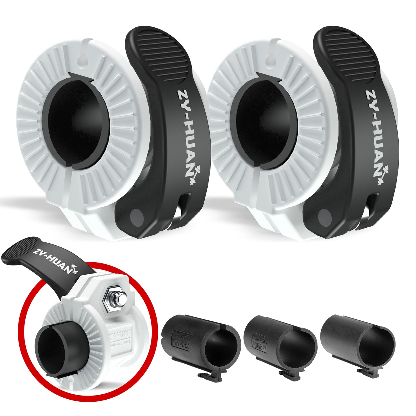 ZY-HUAN Pro Barbell Clips 1 inch Barbell Clamps 0.9-1.18inch Quick Release Weight Clips for Bars Multi-Size Adjustable Olympic Barbell Clamps (Black+White)