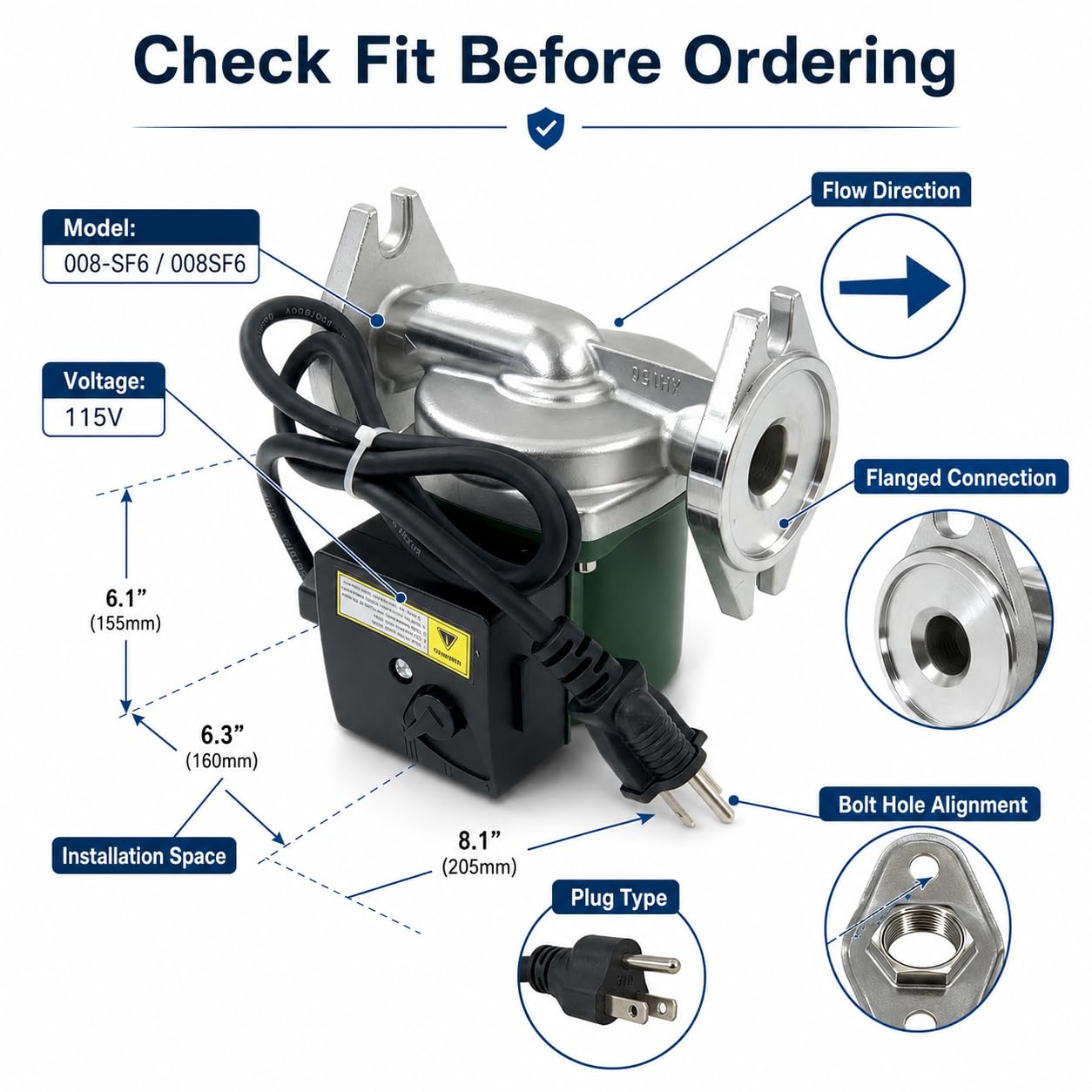 008-SF6 Hot Water Recirculation Pump 1/25 HP 115V 14 GPM 125 PSI 3250 RPM Flanged Stainless Steel Circulator Pump Compatible with Taco for Boiler Radiant Heating & Closed Loop System Replace 008SF6