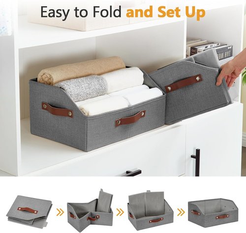 Bagnizer Closet Organizers - Linen Trapezoid Storage Bins with Handles | Collapsible Gray Shelf Organizer for Blankets, Towels, and More