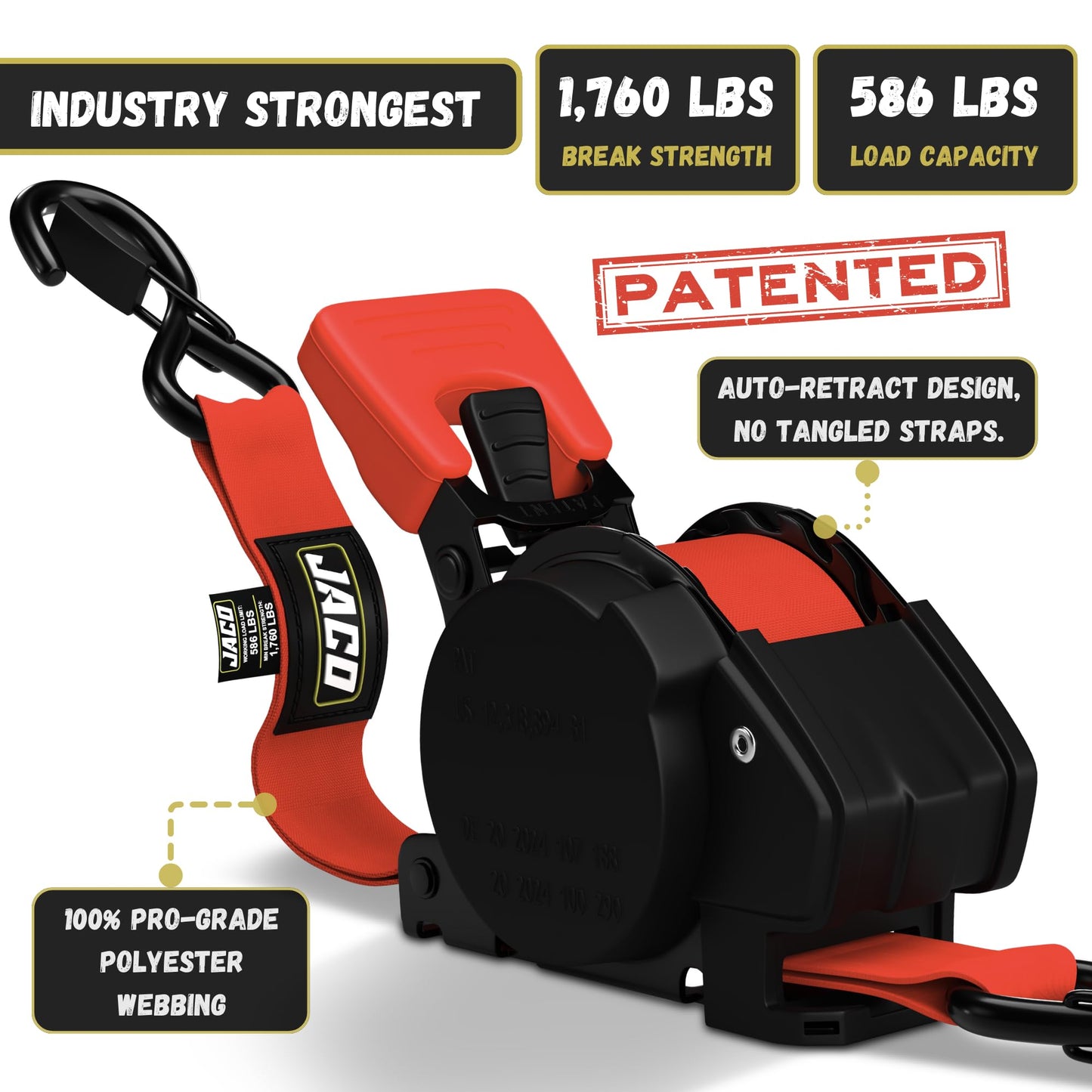 JACO Retractable Ratchet Straps Tie Down Kit (4-Pack) - 1 inch x 15 ft. (1,763lb Break Strength) (Red)