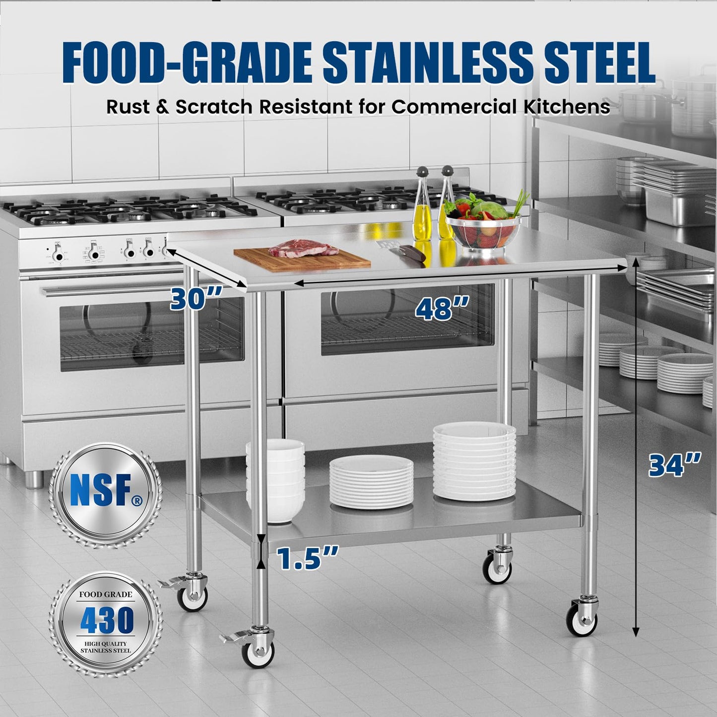 Chingoo Stainless Steel Work Table with Wheels, 30x48 Inch NSF Food Prep Table with Backsplash & Adjustable Undershelf for Kitchen, Restaurant, Garage