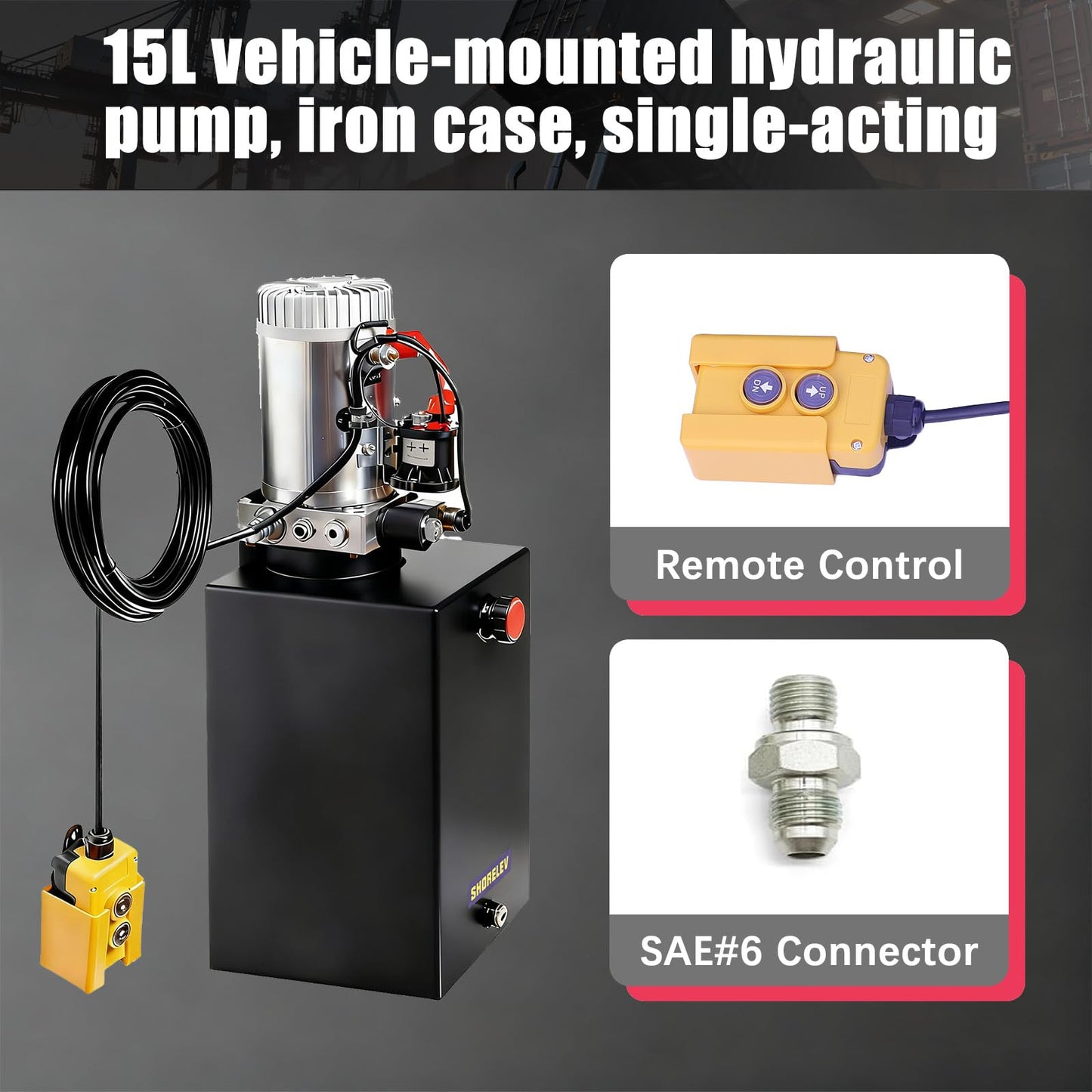 SHORELEV Hydraulic Power Unit 15 Quart with SAE#6 Connector, 12V DC Hydraulic Power Pump, 15L Single Acting Iron Reservoir, 3000 PSI for Dump Trailers, Tow Trucks, Snow Plows, Agricultural Equipment