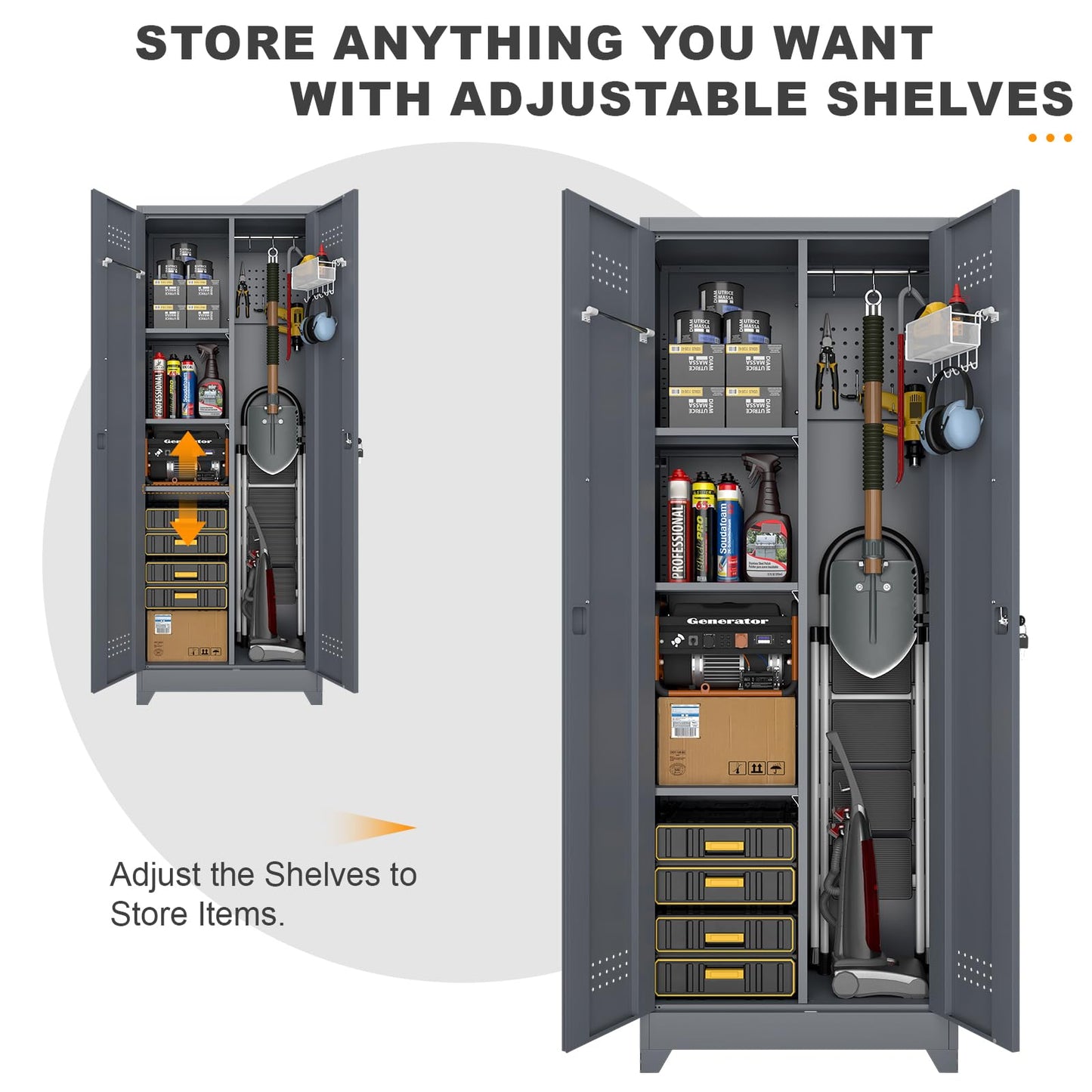 STEELIST Broom Closet Storage Cabinet, Steel Locking Cabinet with Hanging Rod, 65" Cleaning Storage with Doors and Hooks, Tall Broom Tool Cabinets for Office, Garage