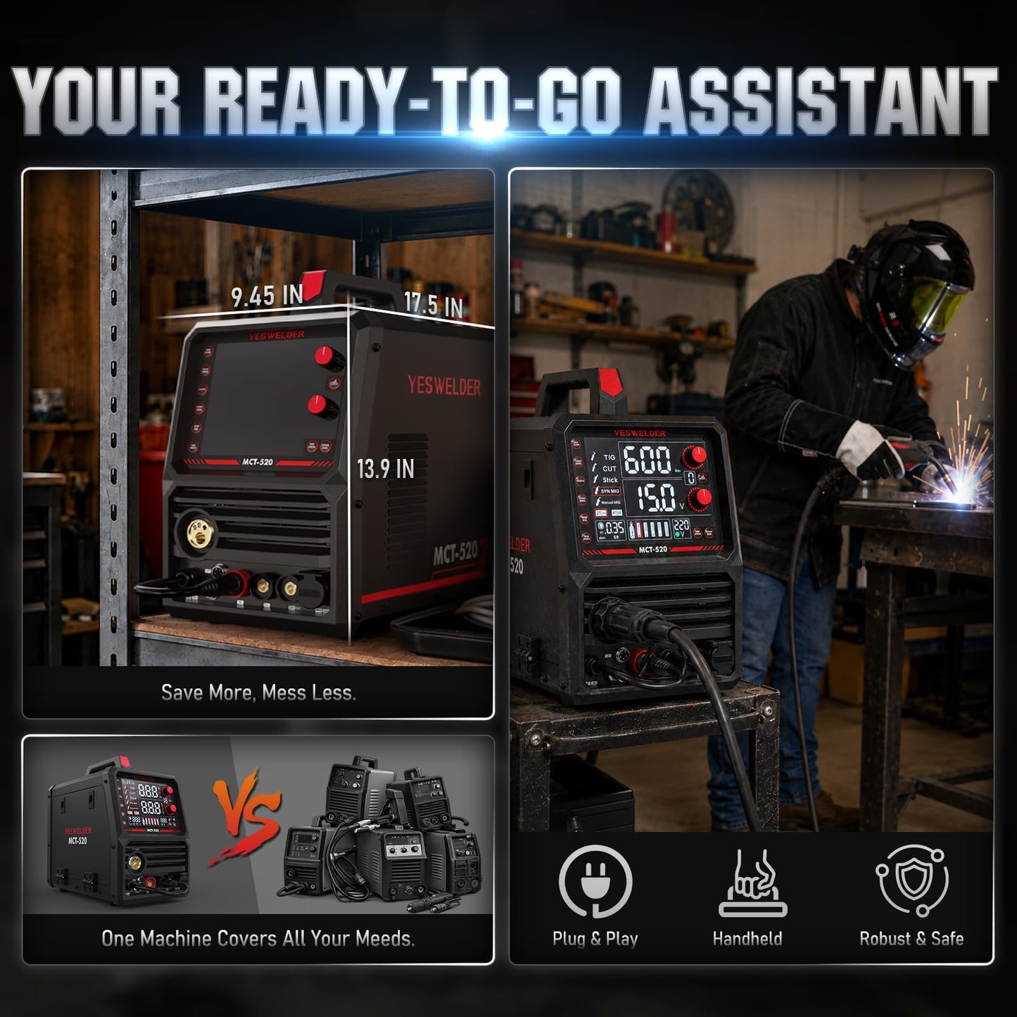 YESWELDER 6-In-1 Multifunctional Welders Combo&Plasma Cutter, MIG/Flux Core MIG/CUT/TIG/Stick/Spool Gun Compatible, 200A MIG/TIG/Stick & 50A CUT, 110V/220V MCT-520