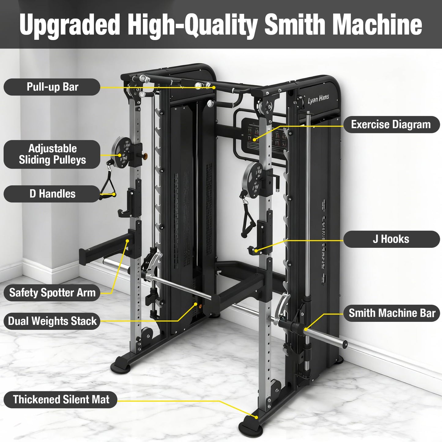 Functional Trainer Smith Machine for Commercial, Multifunctional Cable Crossover Exercise Machine, All in One Home Gym System, Compact Fitness Equipment, Workout Weight Machine for Strength Training