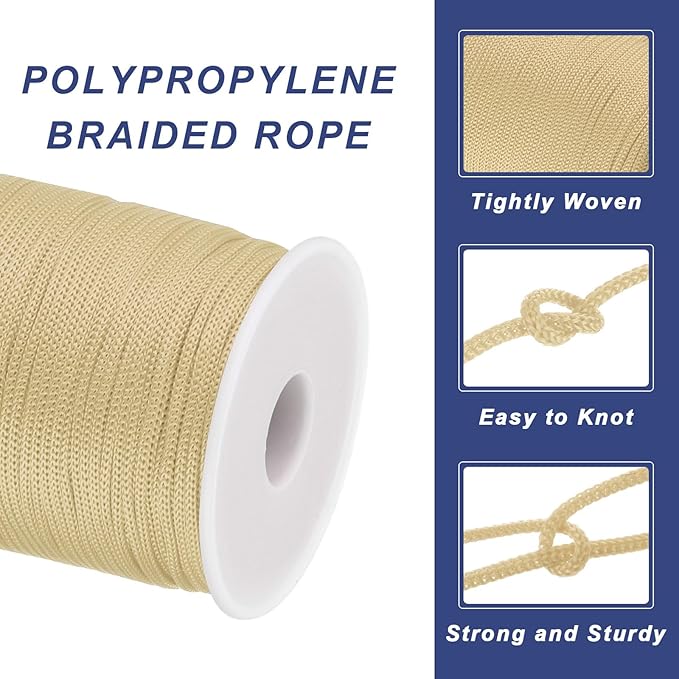 MECCANIXITY 1/12 Inch Polypropylene Rope Braided Ropes, 328ft Nylon Rope Hollow Utility Cord for Clothesline, Camping, Hiking, Outdoor, Beige