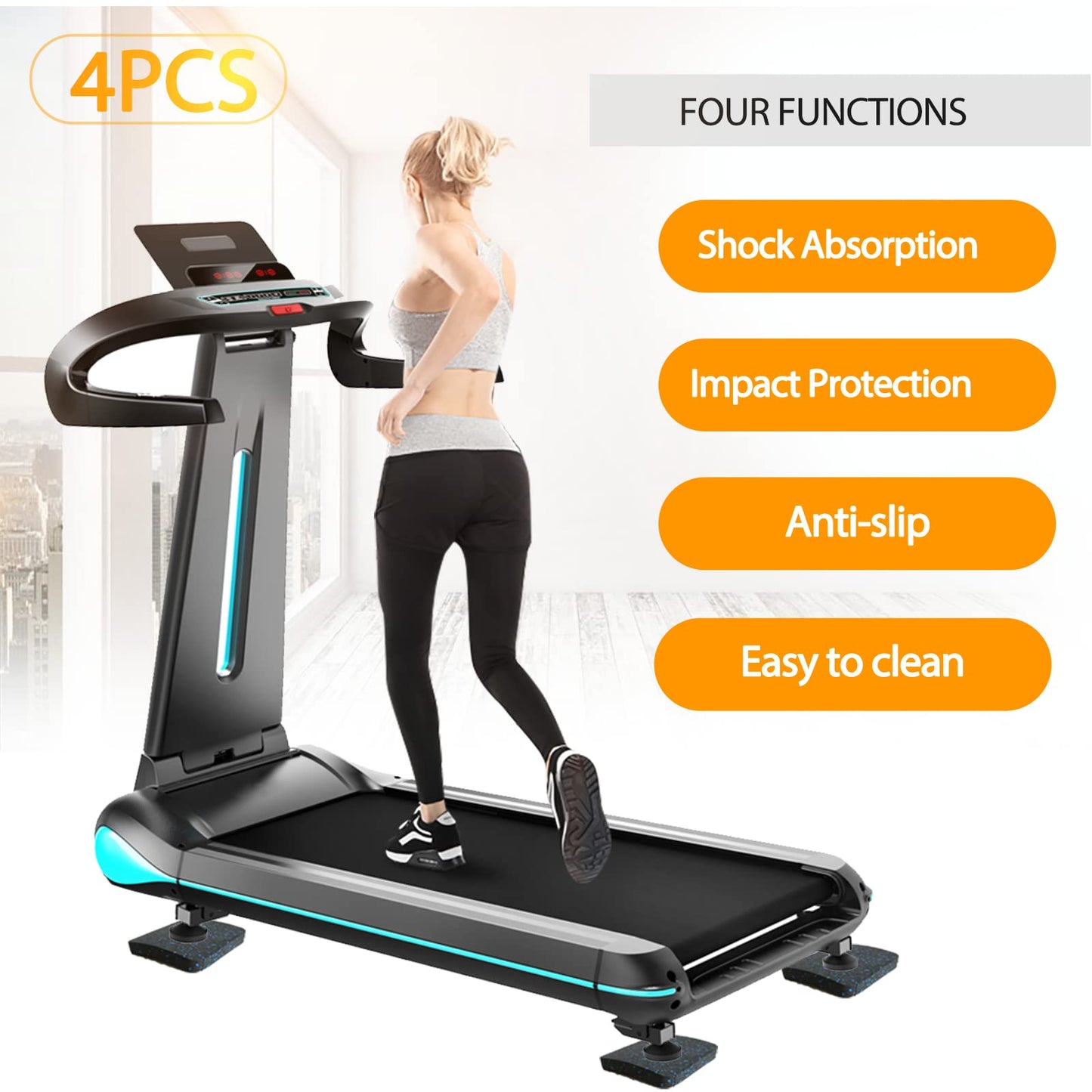 BestXD Treadmill Mat Pads - 4 PCS High Density Rubber Anti-Vibration Pads for Walking Pad and Exercise Bike - Noise Reduction Floor Protection for Hardwood Floors and Carpet - 3.94"x3.94"x0.5"