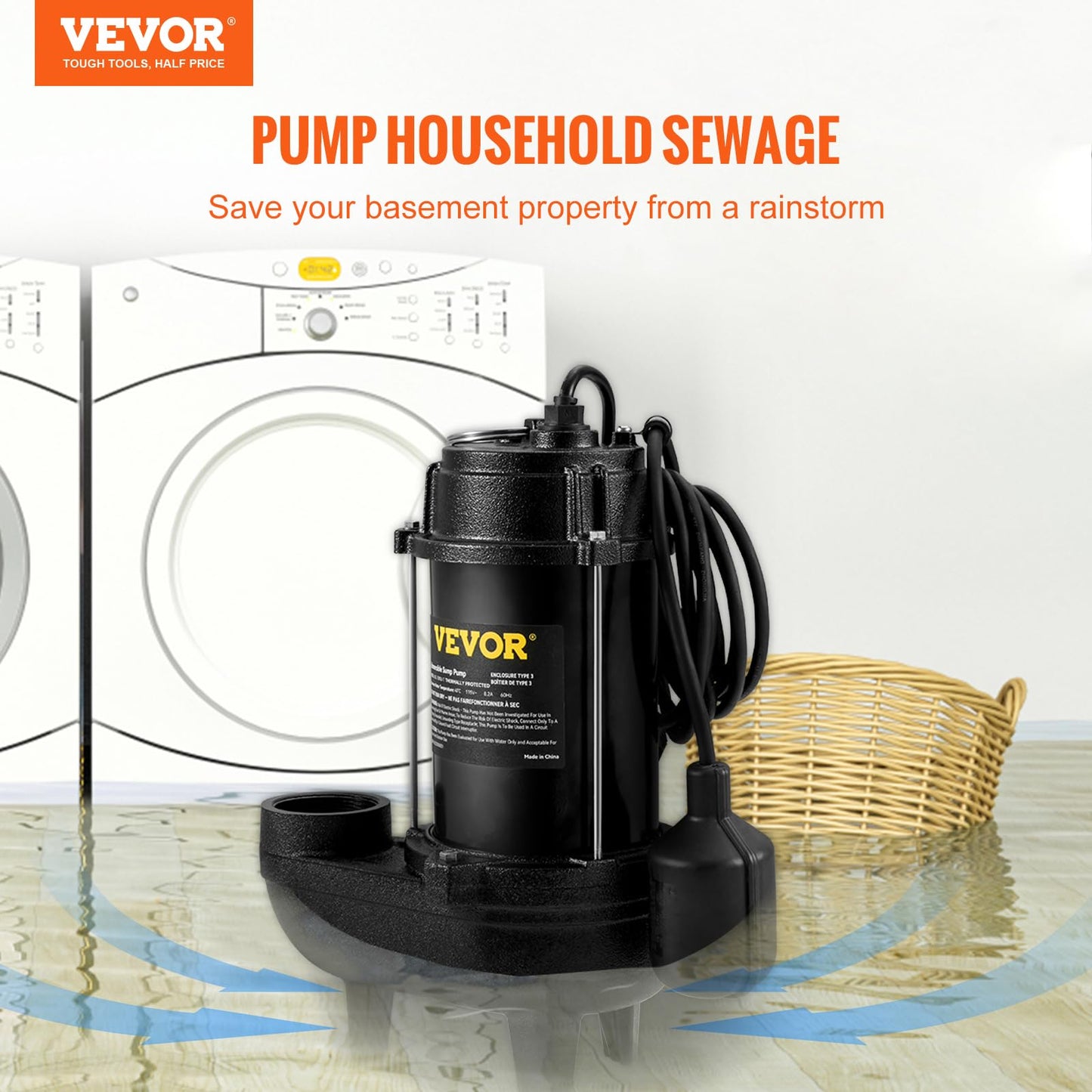 VEVOR 3/4 HP Submersible Sewage Pump, Cast Iron Submersible Sump Pump, Wear-proof Cast Iron Construction, with Tethered Float Switch, 10 FT Power Cord