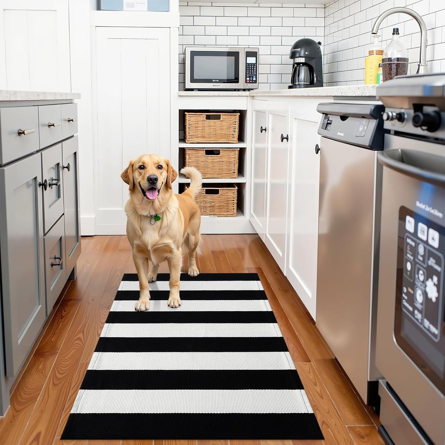 OLANLY Striped Rug - Washable Black and White Cotton Doormat | 2'4" x 3'7" for Indoor/Outdoor Use