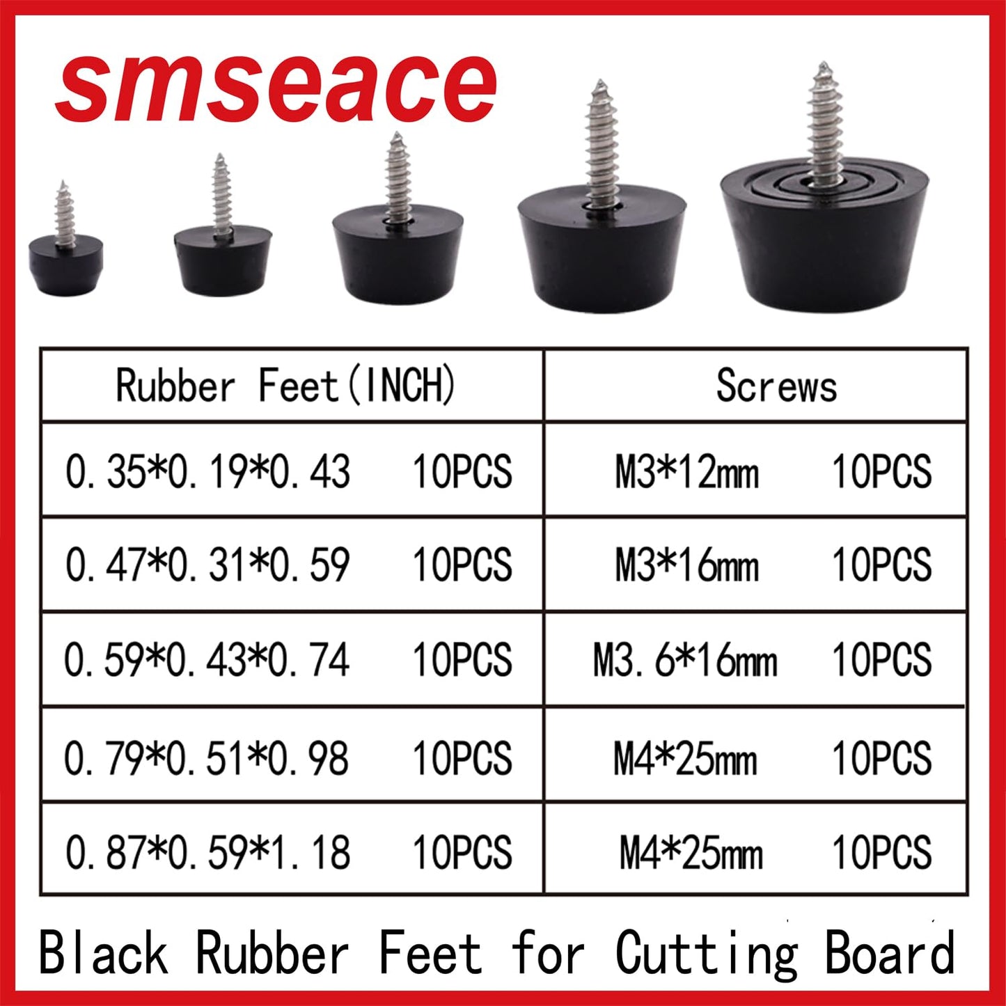 smseace 100PCS(5 Sizes) Rubber Feet for Cutting Board, Built-in Stainless Steel Washer and Screws, Non-Slip Rubber Feet for Furniture, Electronics, Tables, Sofas