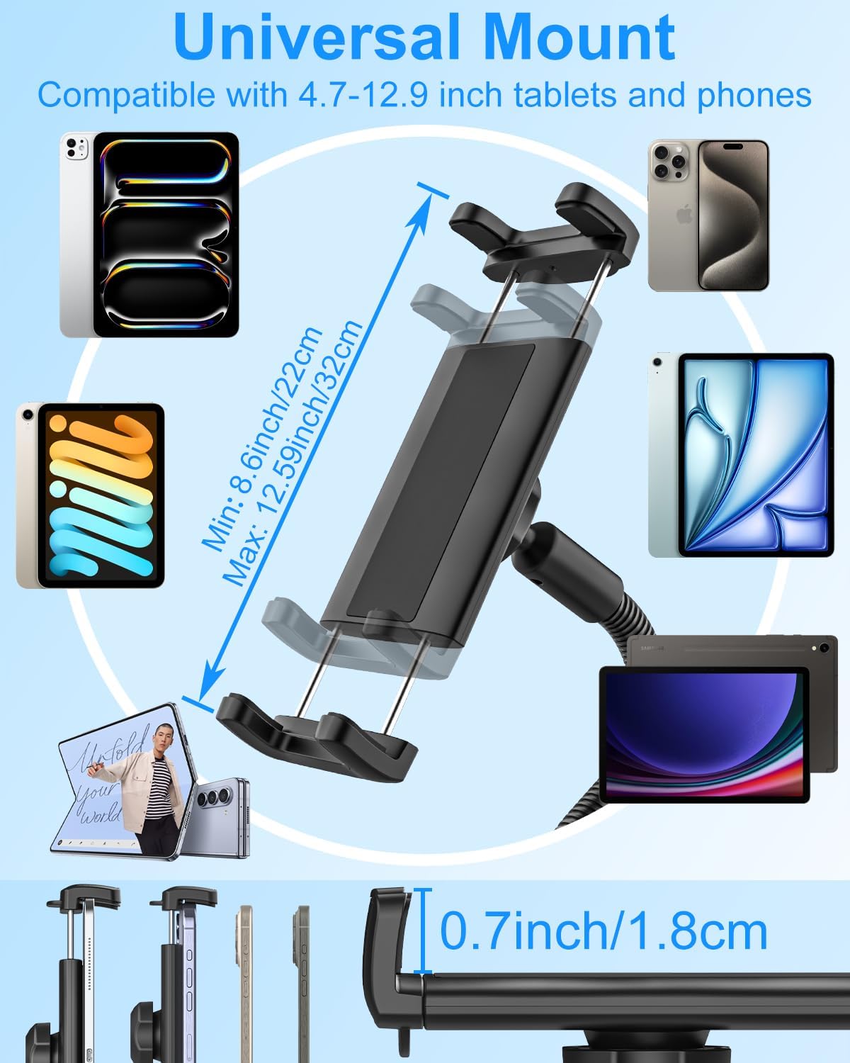 Kolasels 4.7-12.9" Spin Bike Tablet Holder, Gooseneck Tablet Holder for Wheelchair, Stroller, Indoor Cycling, Gym