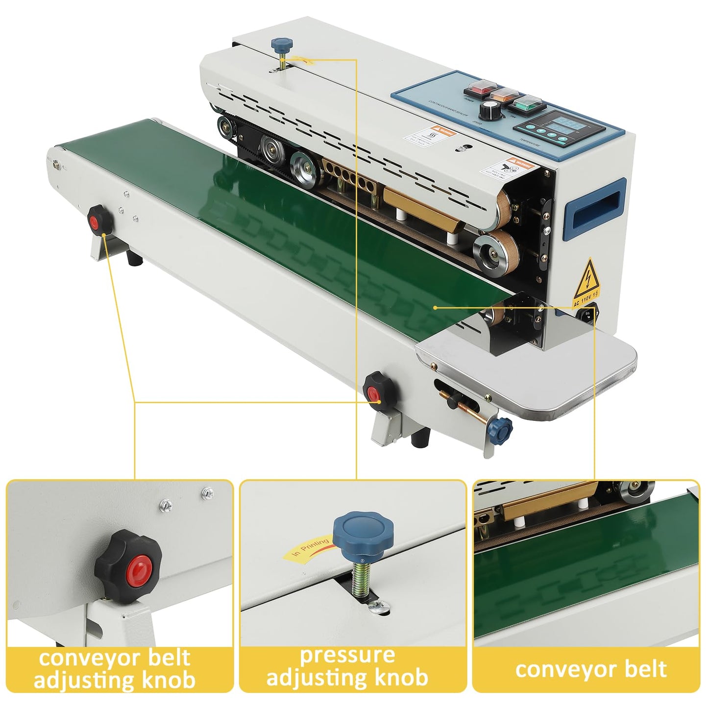 MilleLoom Continuous Band Sealer Machine - FR-900K Horizontal Automatic 110V with Digital Temperature Control for 0.02-0.08 mm Commercial PP/Aluminum Foil/PVC Plastic Bags