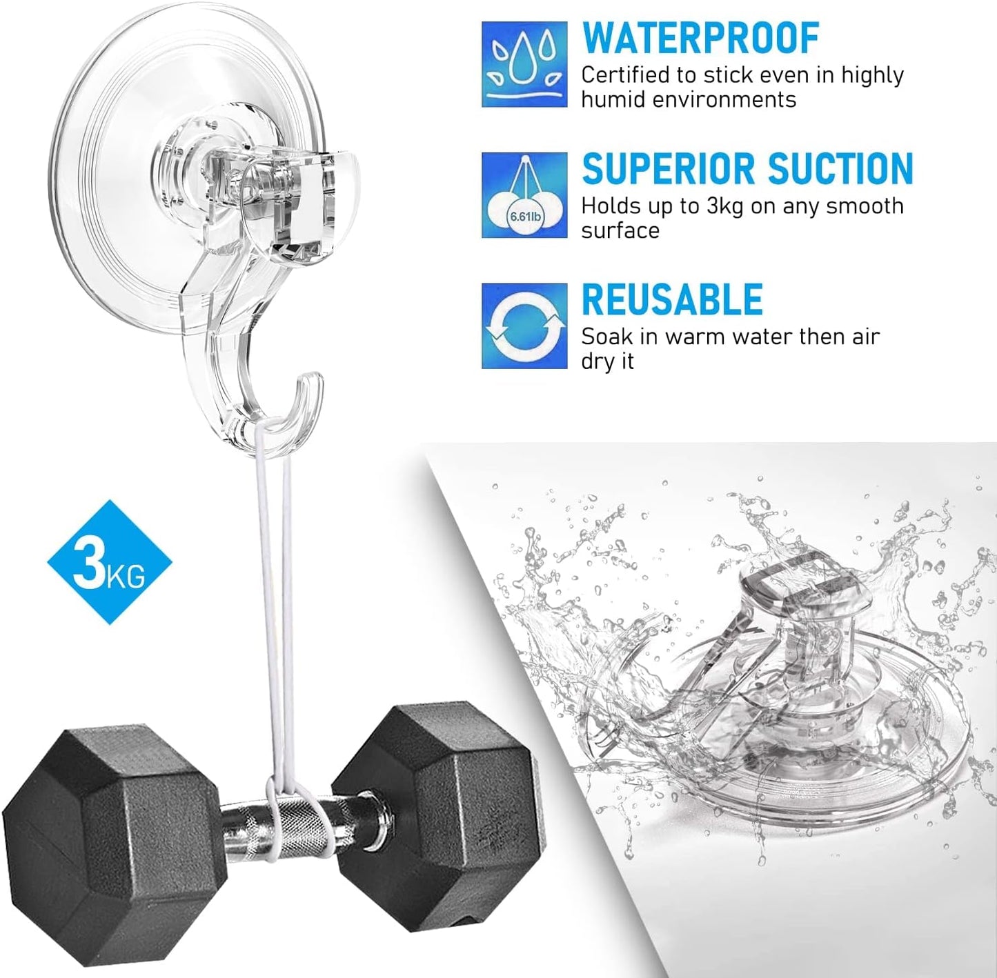 Quntis Suction Cup Hooks - Heavy Duty Waterproof Multi-Purpose Shower & Bathroom Hangers | 4 Pack