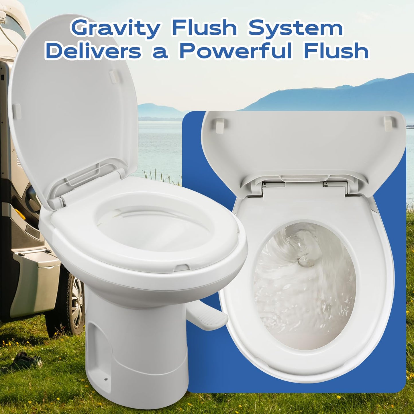 Gravity Flush RV Toilet, White, ABS Plastic with Foot Pedal Flush Mechanism, Standard Height, RV-Specific Model