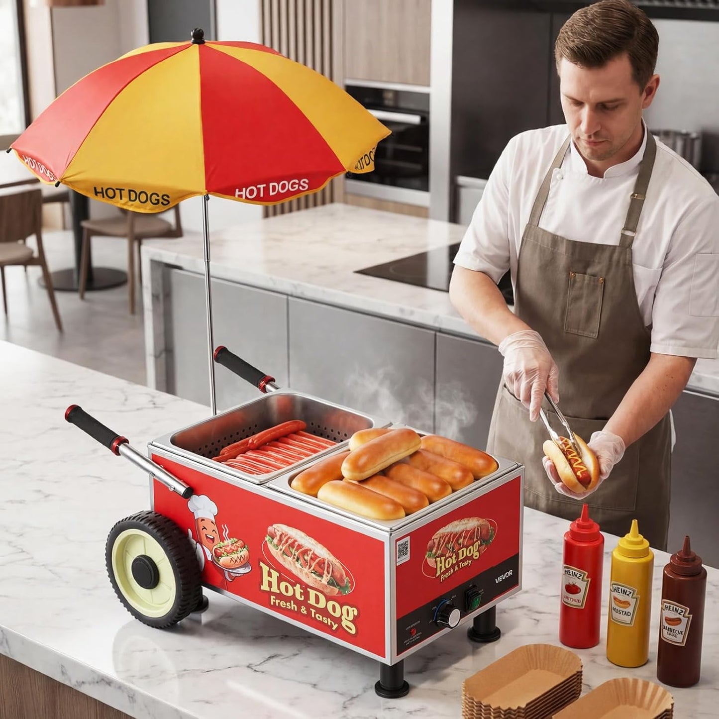 VEVOR Hot Dog Steamer Cart - 1200W Electric Stainless Steel Machine with Adjustable Temp & Umbrella