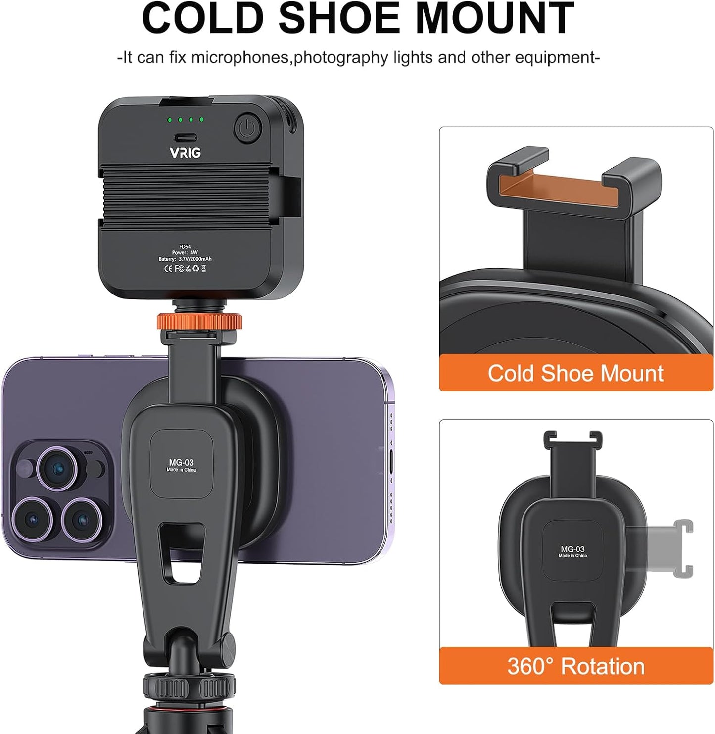 VRIG MG-03 16 15 14 13 12 360 Magnetic Phone Tripod Mount, Tripod Mount for Magsafe Cold Shoe for iPhone Series