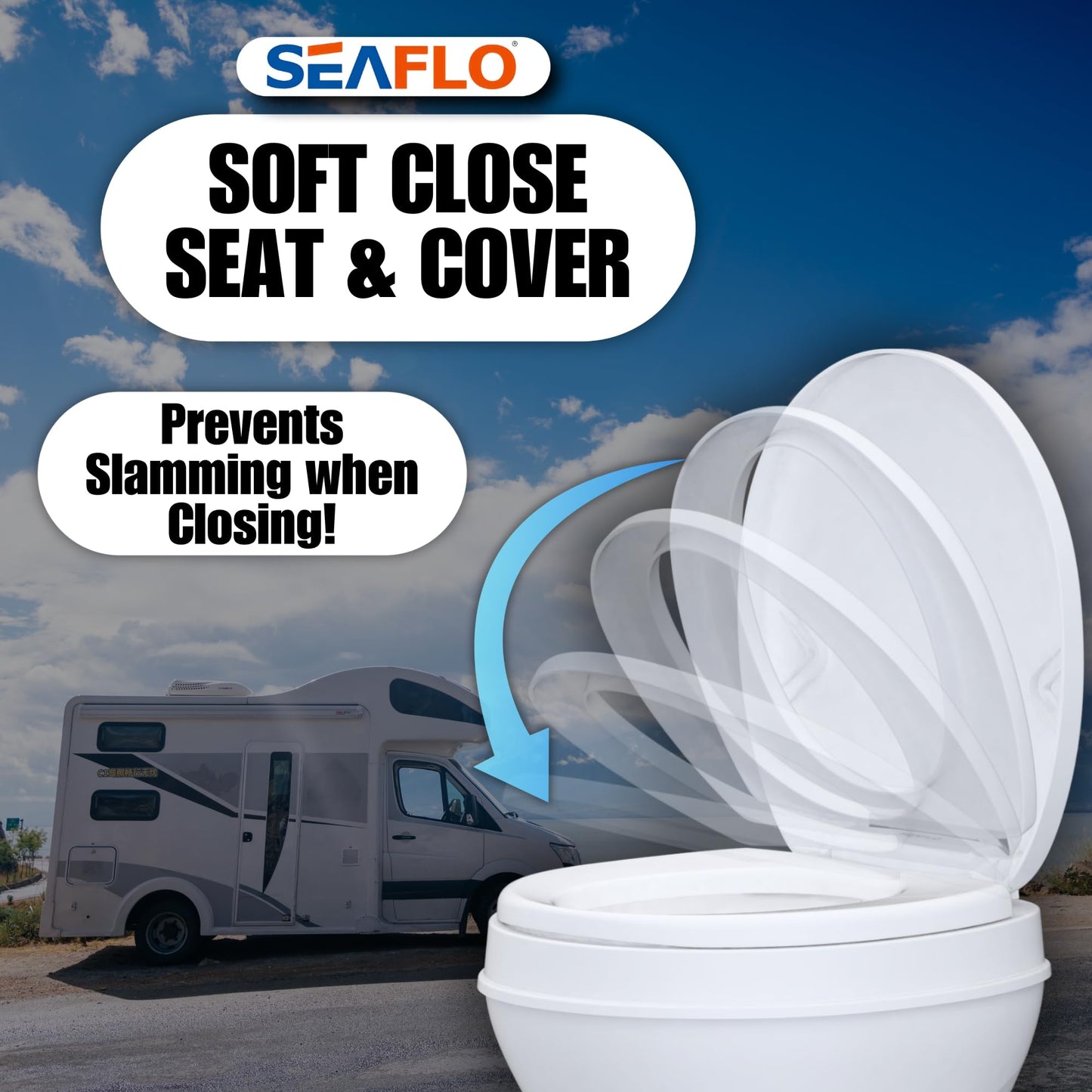 SEAFLO RV Toilet with Sprayer Attachment - White, 18.4” Residential Height, Gravity Flush Foot Pedal Camper Toilet Soft Close Seat Elongated Bowl Motorhome, 4-Year Warranty, SFRTPH-01-02