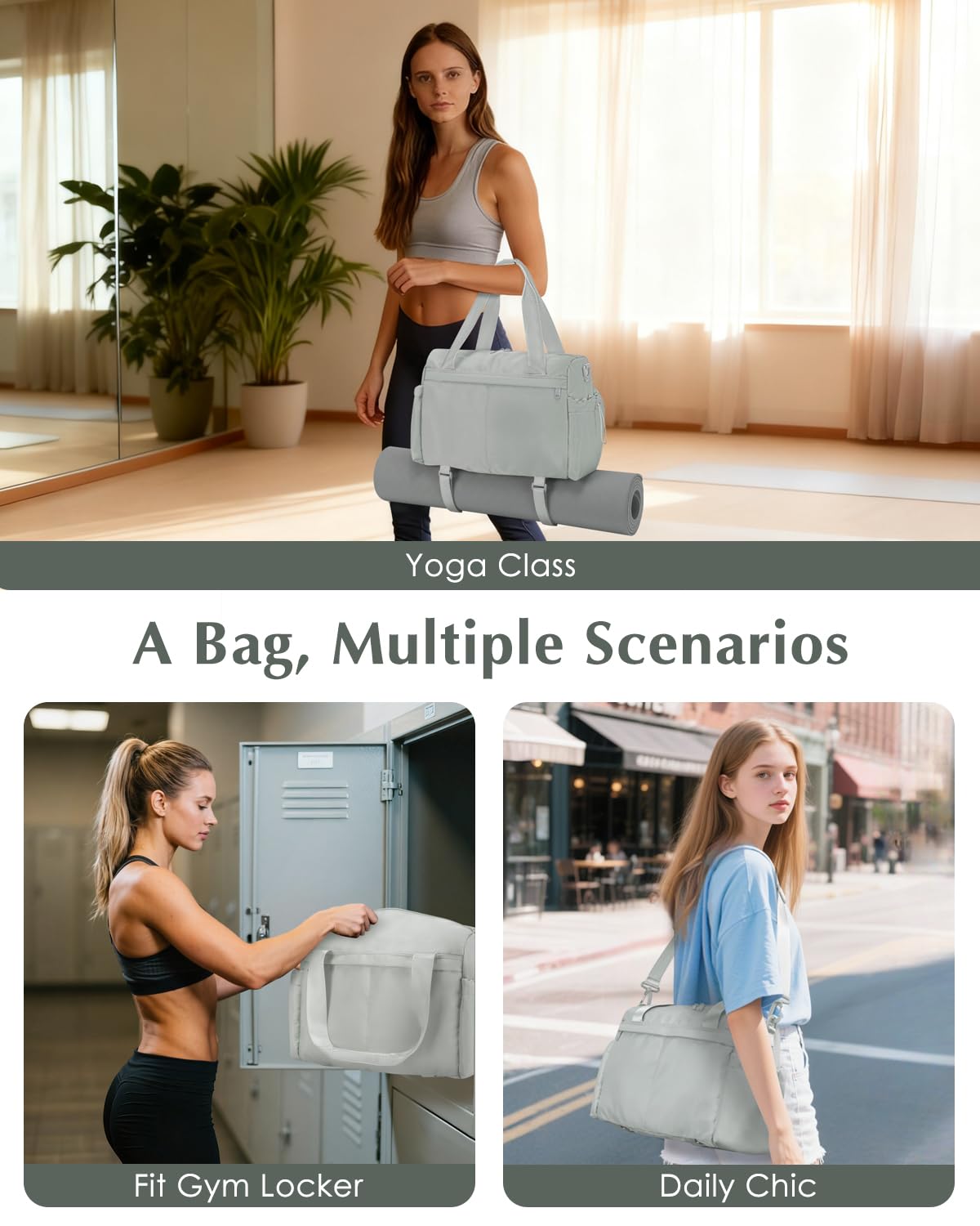 Small Gym Bag, Mini Gym Bag for Women with Yoga Mat Holder and Wet Compartment, Cute Small Yoga Mat Bag with Water Bottle Pocket for Workout Dance, Gray