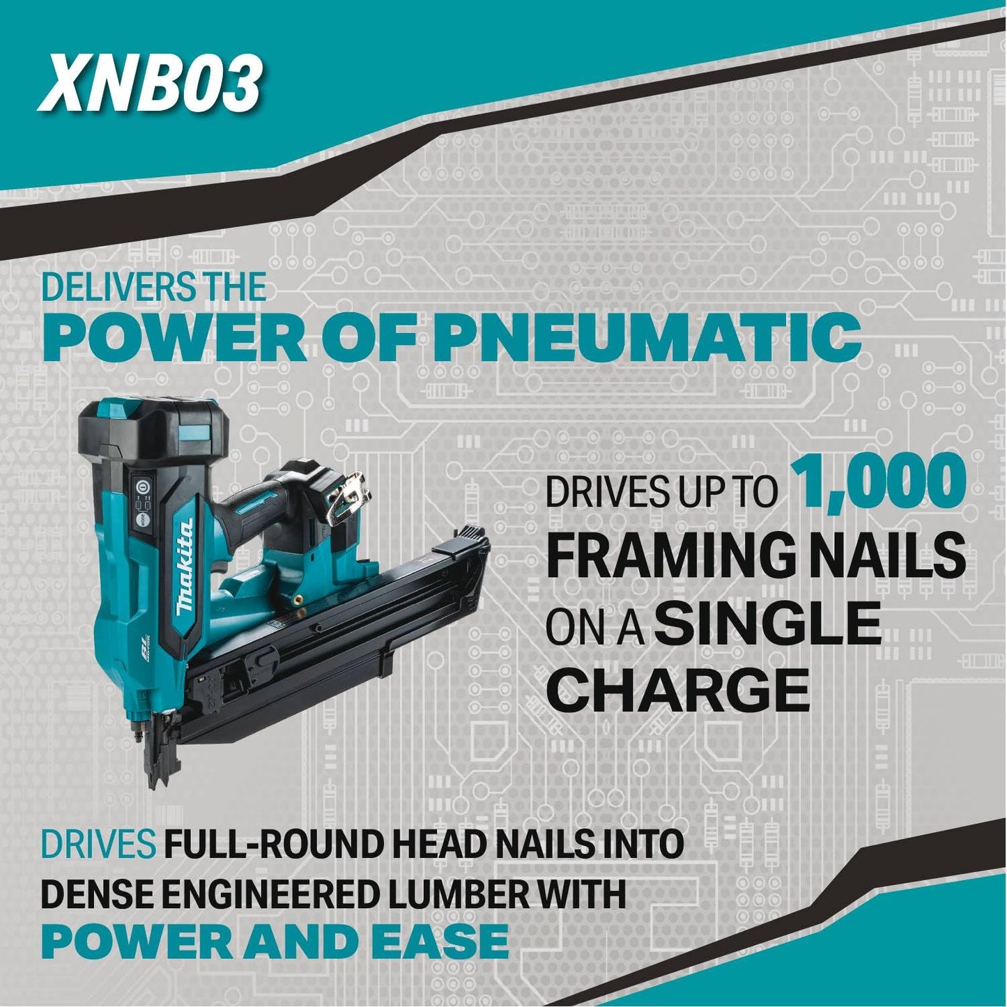 Makita XNB03Z 18V LXT® Lithium-Ion Cordless 21º Full Round Head 3-1/2" Framing Nailer, Tool Only