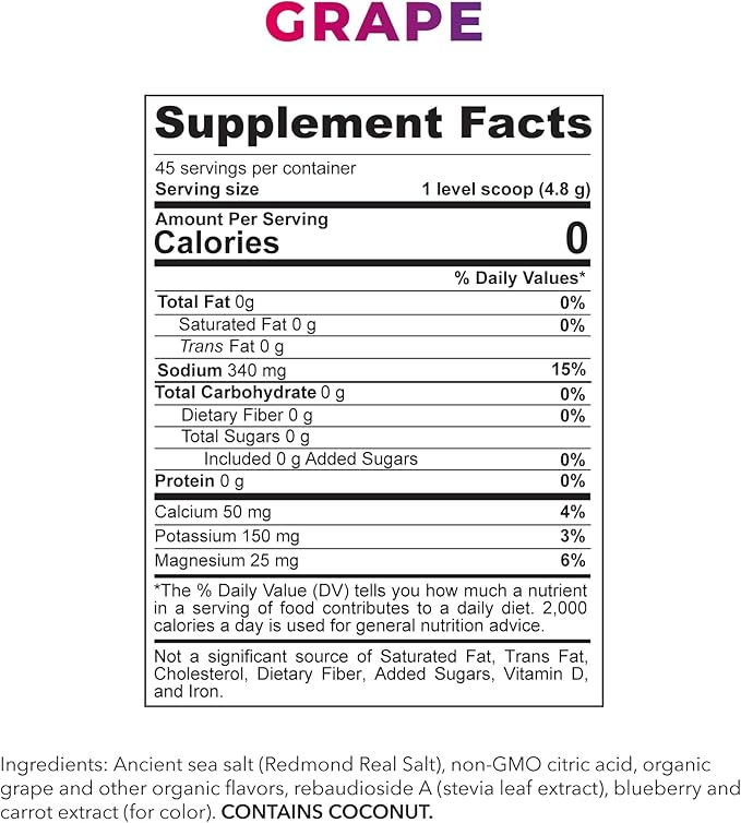 REDMOND Re-Lyte Kids Hydration Electrolyte Mix Powder, Grape 7.62 oz